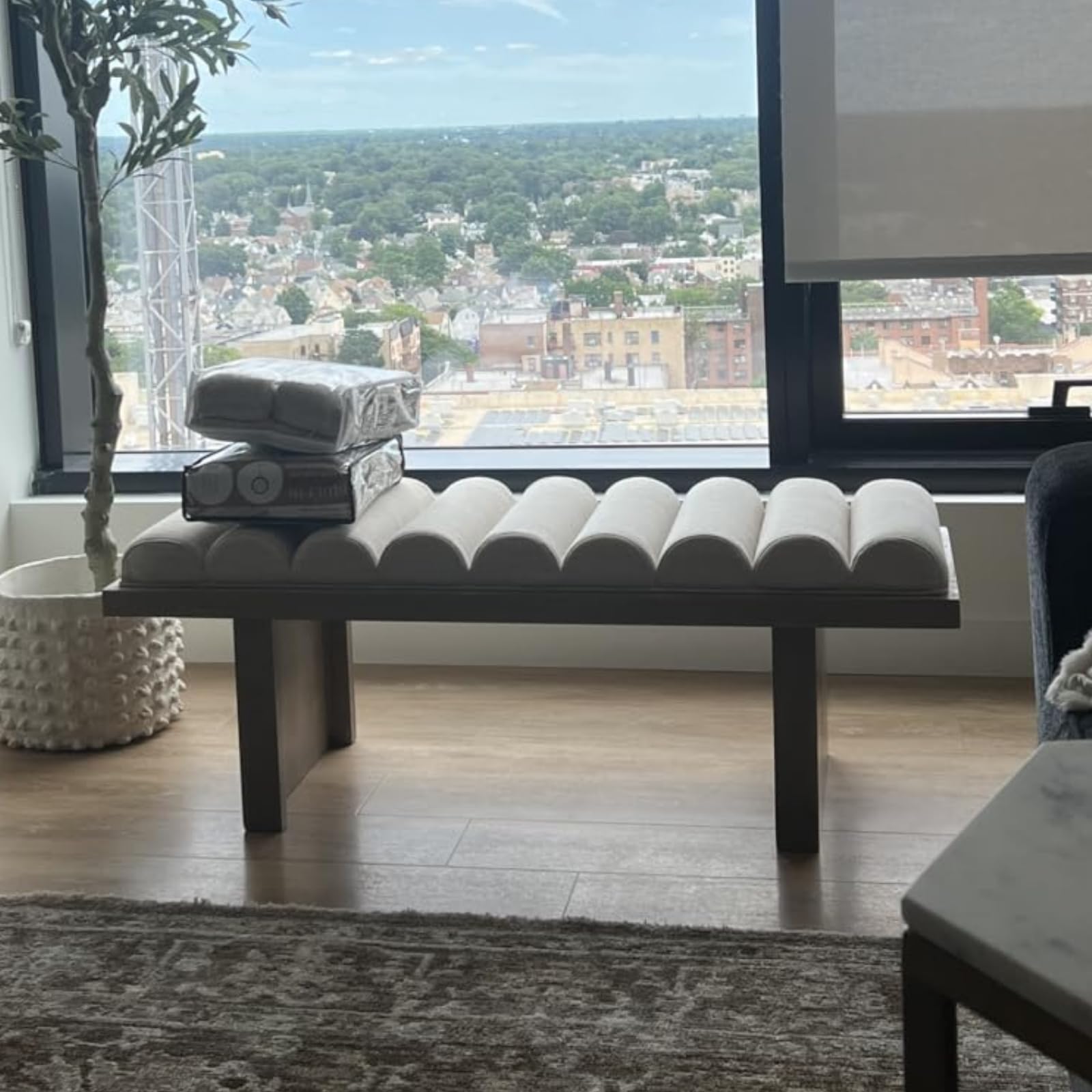 47 Inch Upholstered Bench with Cylindrical Cushion