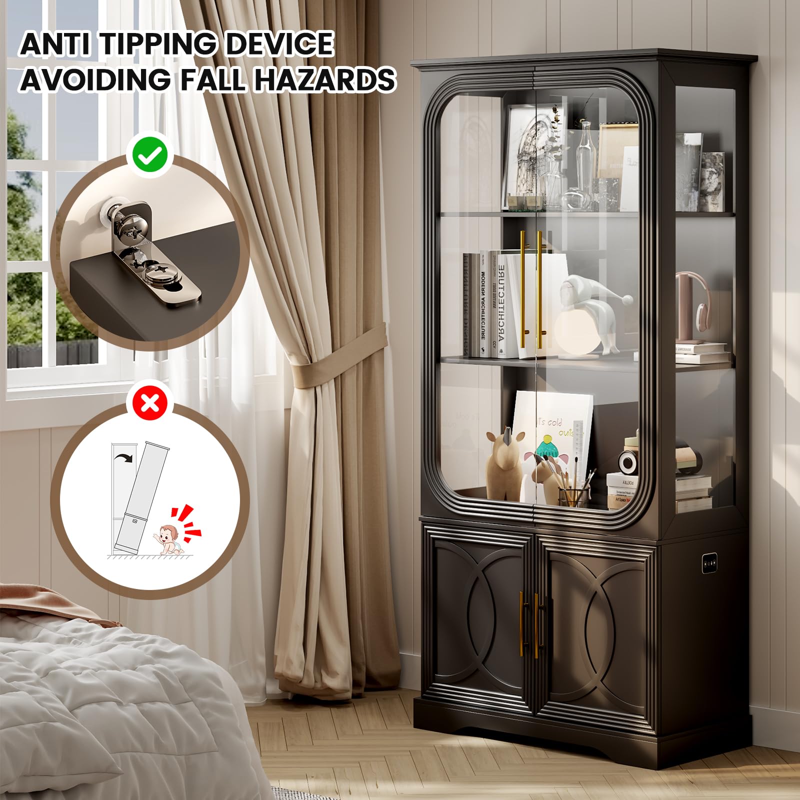 Display Curio Cabinet with Glass Doors and LED Lights