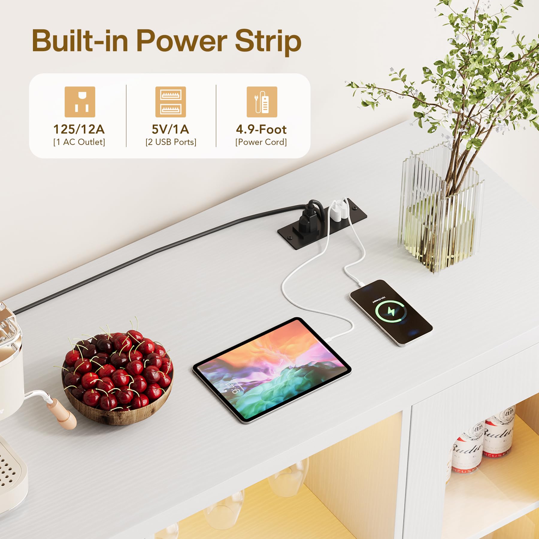 Bar Cabinet with Power Outlets & LED Light