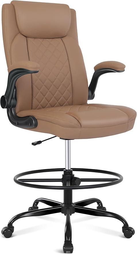 Leather Drafting Chair with Adjustable Height and Flip-Up Armrest