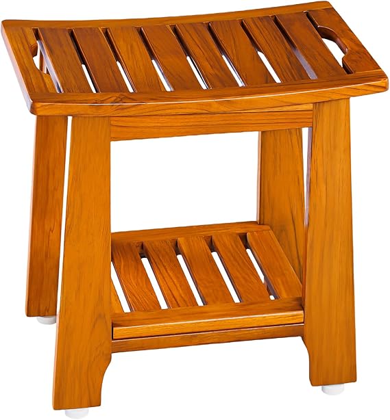 Compact Teak Shower Stool with Shelf and Handle