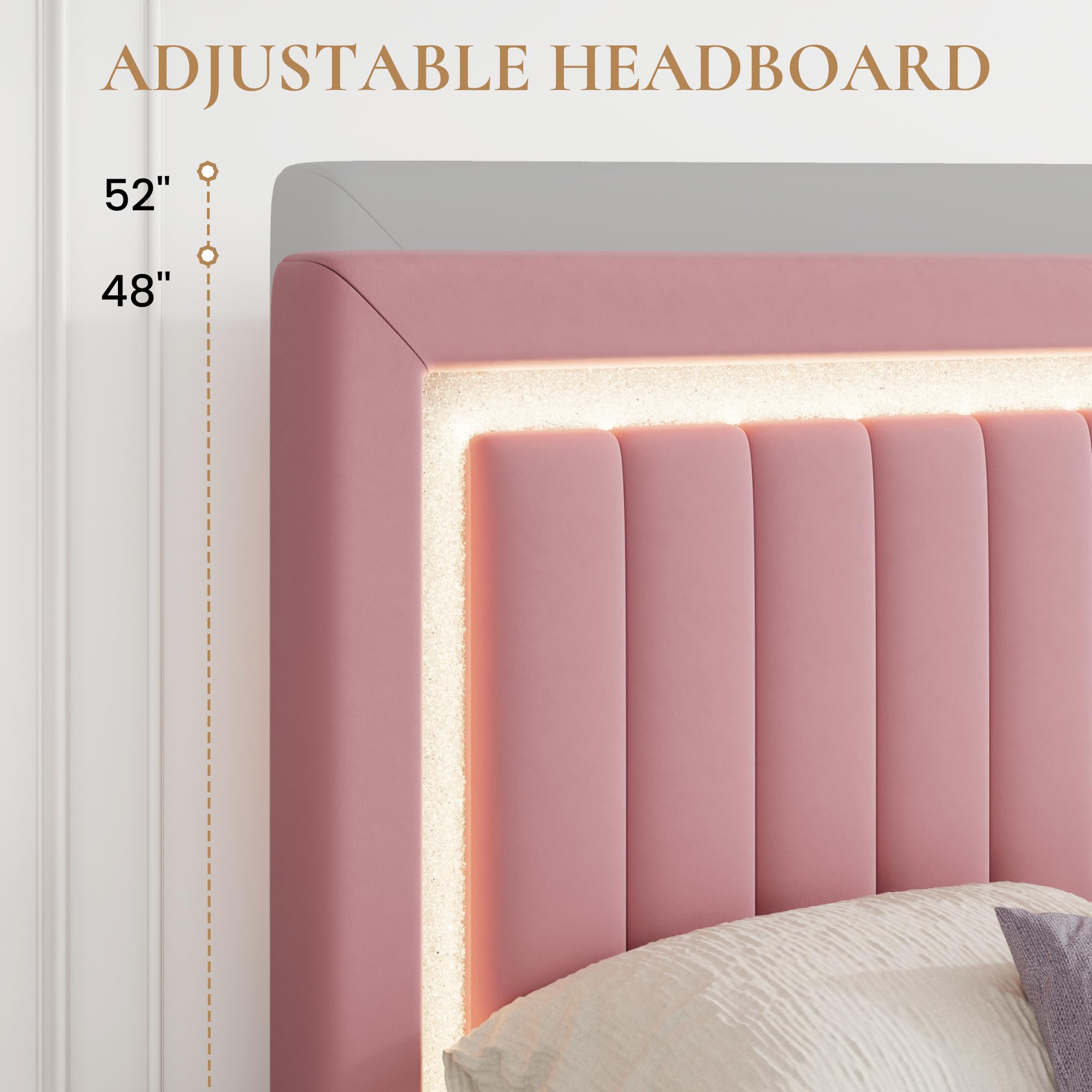 Full Size Pink Velvet LED Bed Frame with Adjustable Headboard