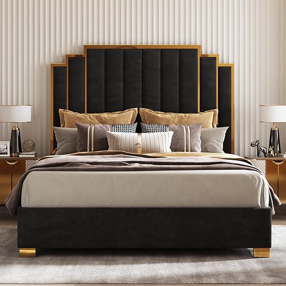 California King Upholstered Bed Frame - Velvet Platform Bed with Gold Trim Headboard
