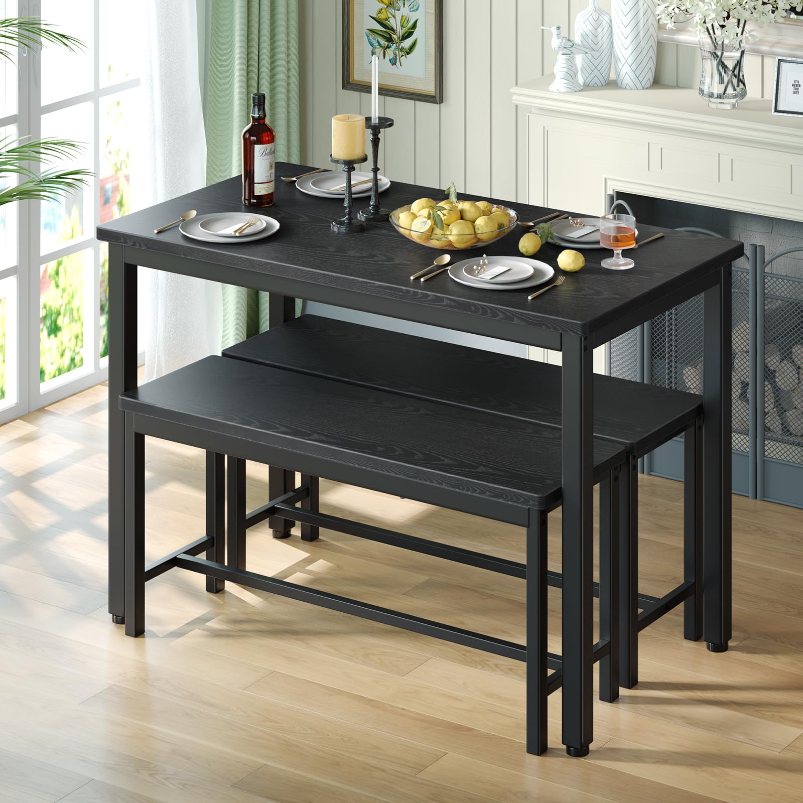 3-Piece Dining Table Set with 2 Benches