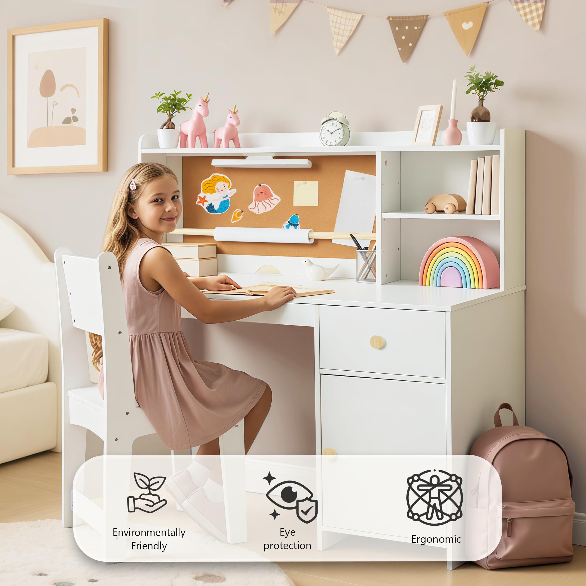 Kids Desk and Chair Set with Night Light and Storage