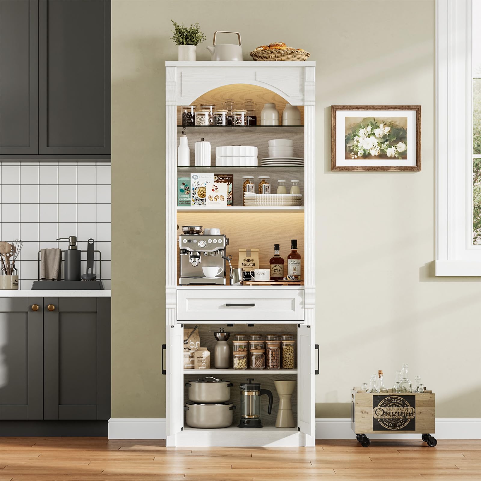 Tall Kitchen Pantry Storage Cabinet with Lights