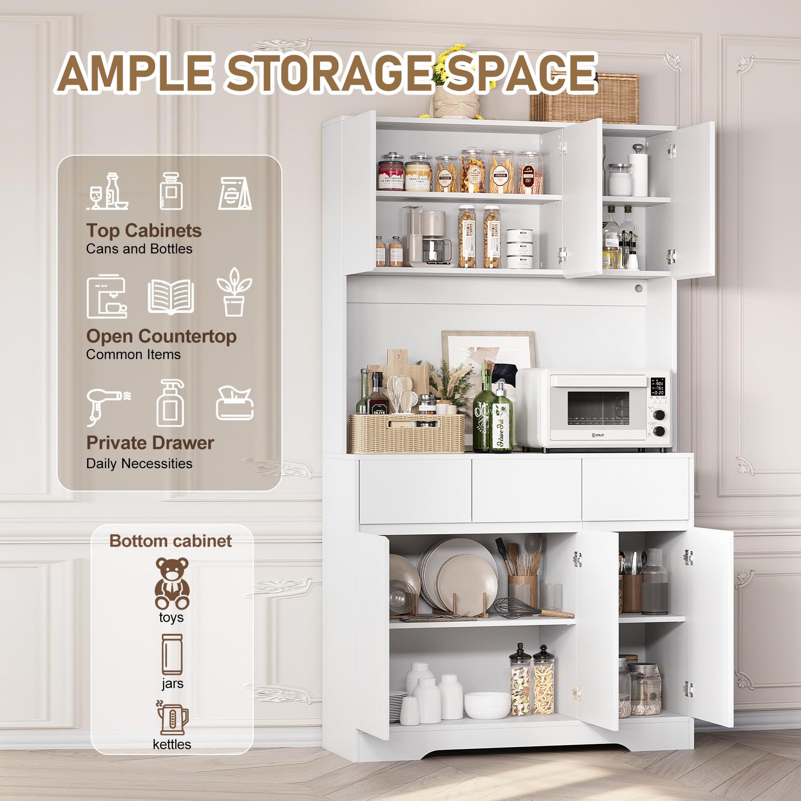71'' Freestanding Pantry Cabinet with LED Light & Charging Station