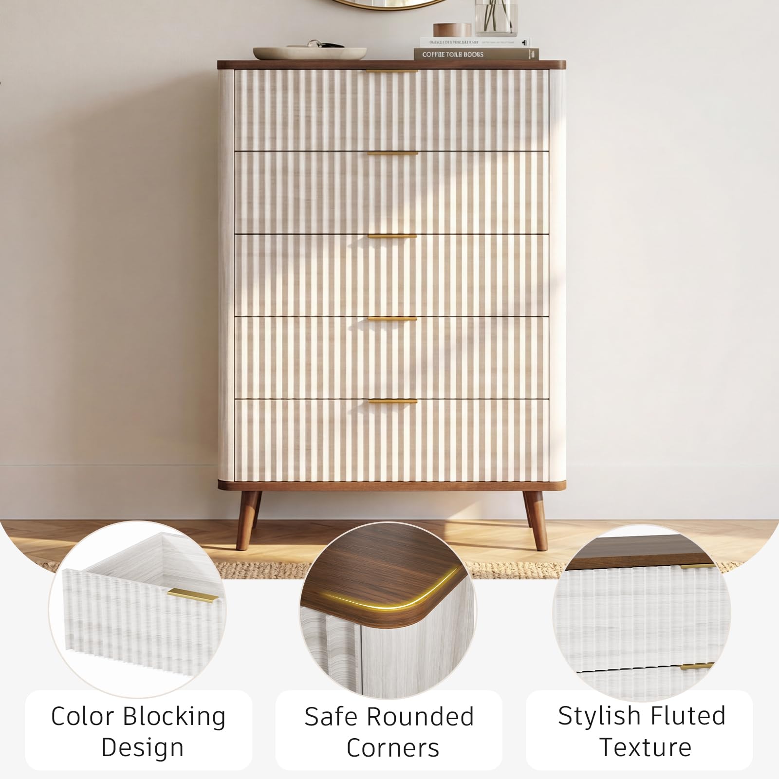 Fluted Wood 5 Drawer Dresser Tall Chest