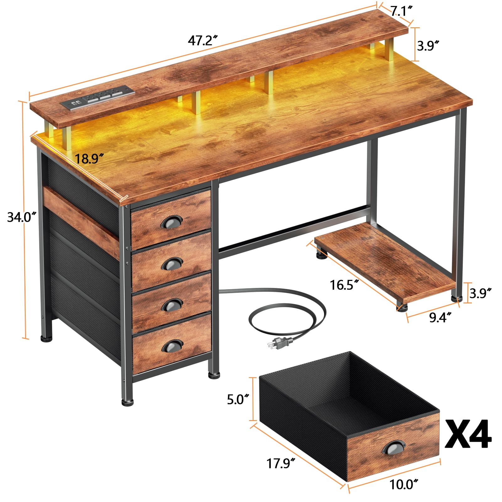 Gaming Desk with LED Lights & Power Outlets