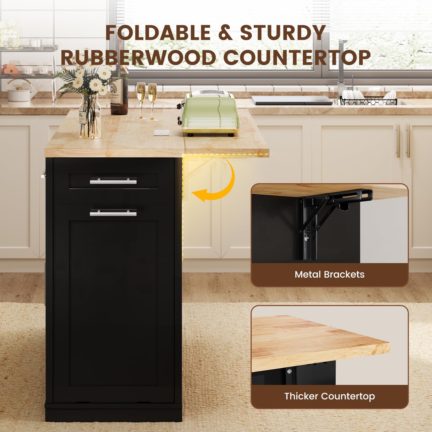 53'' Rolling Kitchen Island with Power Outlet and Drop Leaf