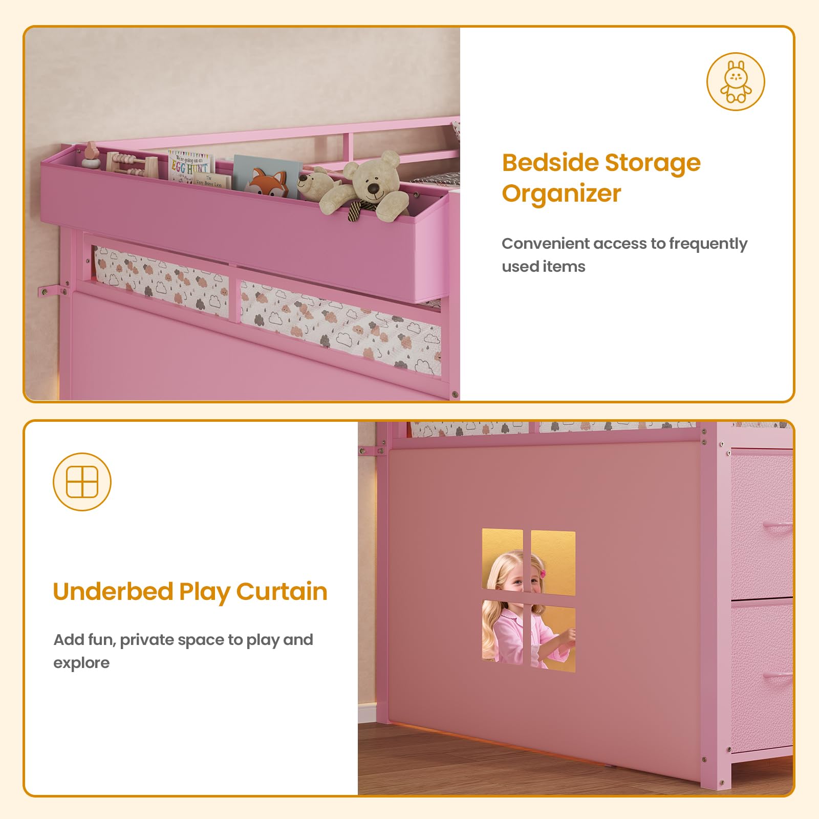 Low Loft Bed Twin Size with Storage Drawers and LED Lights