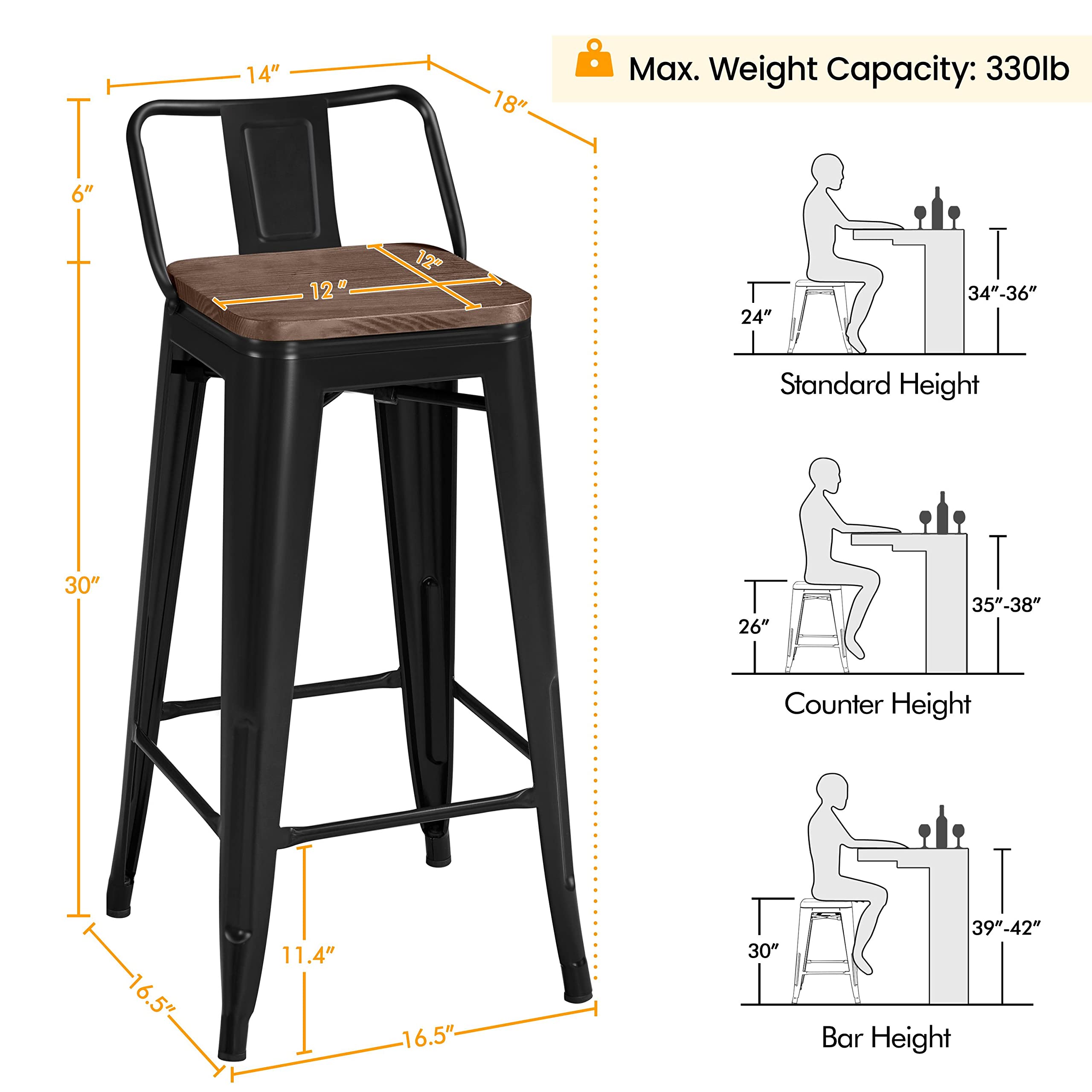 30" Metal Bar Stools Set of 4 with Wooden Seat and Low Back