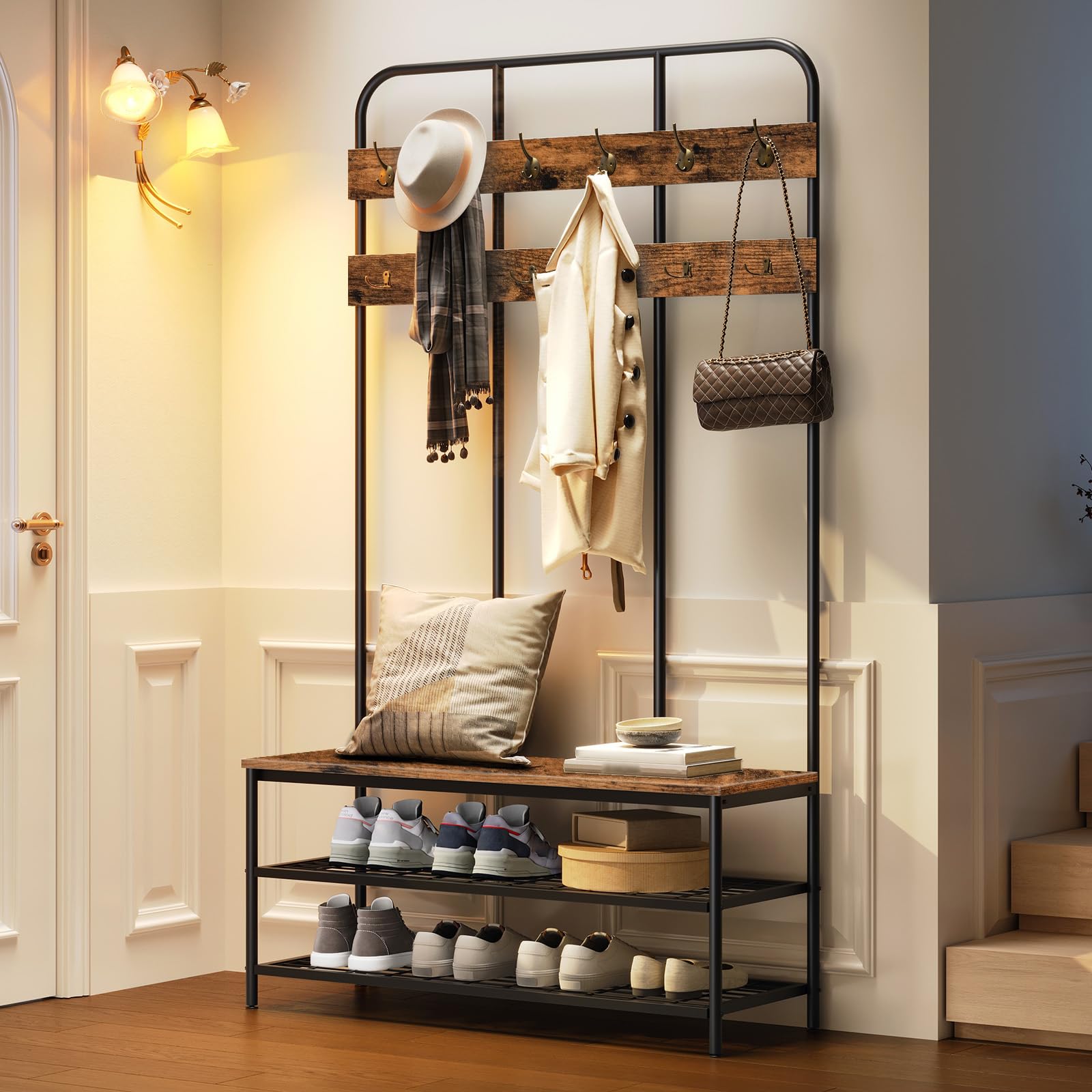 Hall Tree with Bench and Coat Rack