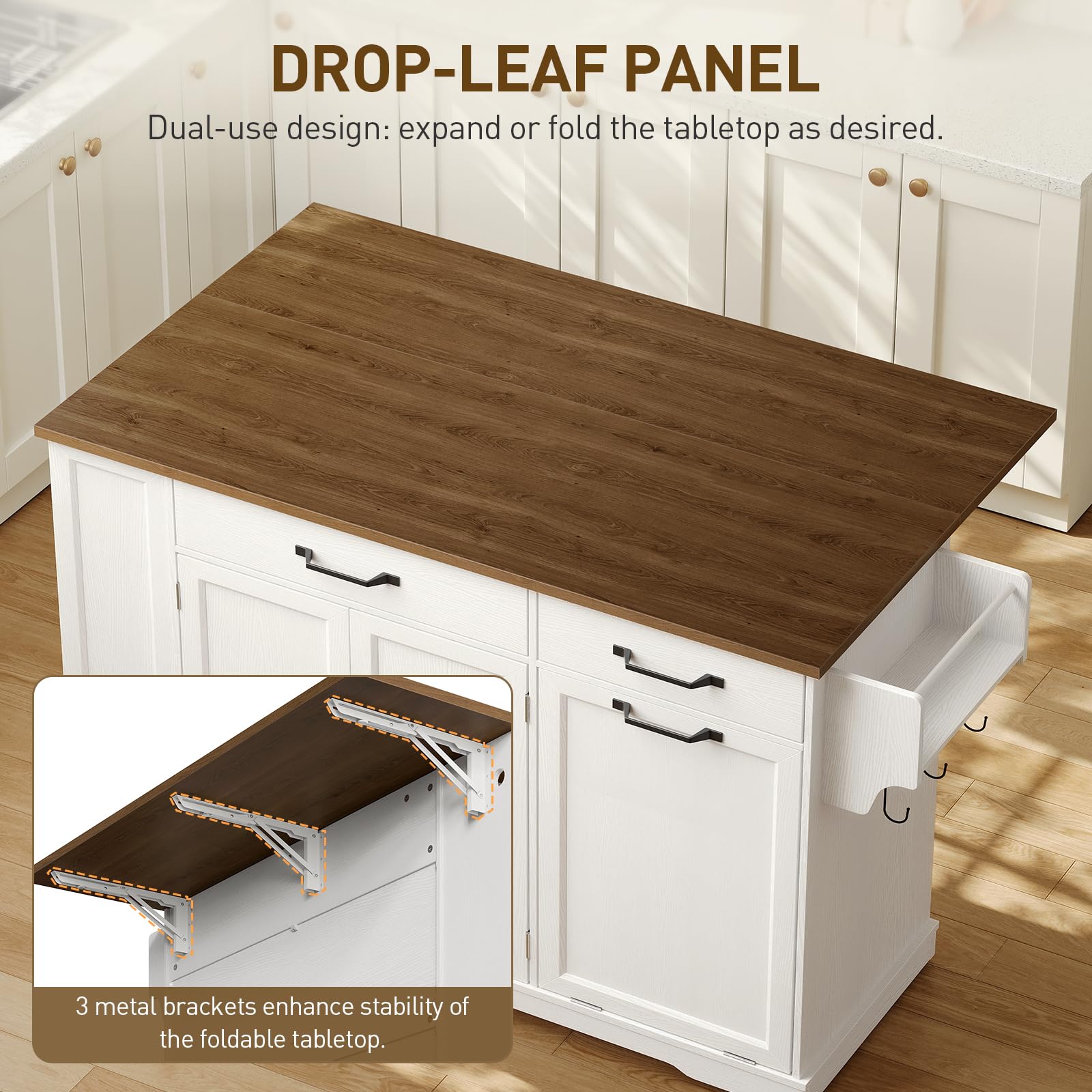 Kitchen Island with Power Outlet and Drop Leaf Rolling Storage Cart