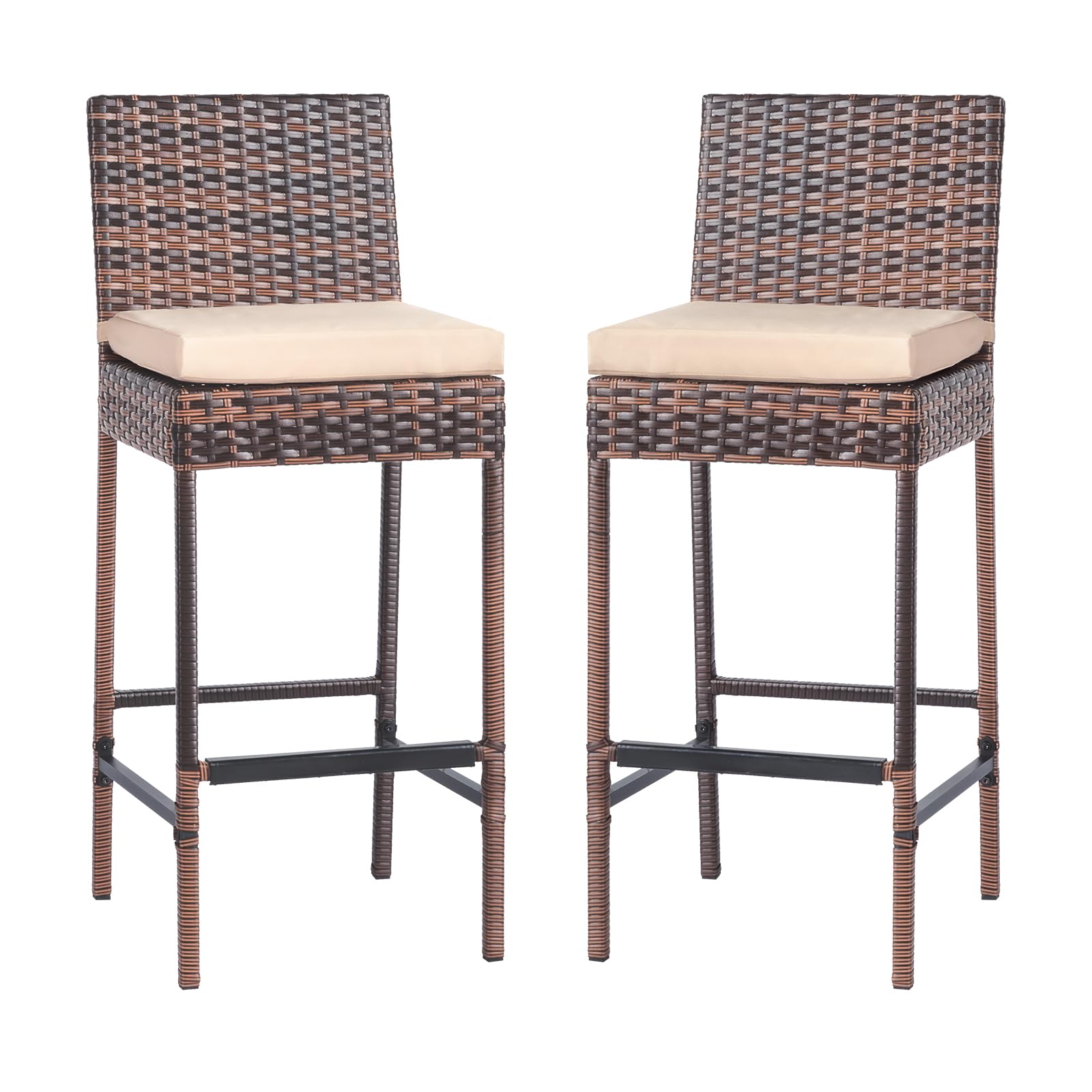 Outdoor Wicker Bar Stool Set of 2 with Cushions