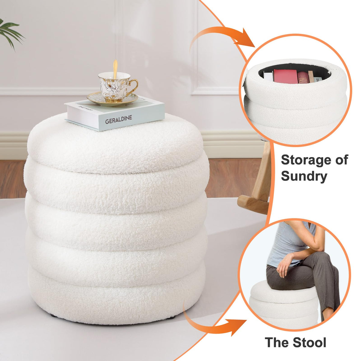Teddy Sherpa Round Ottoman with Storage