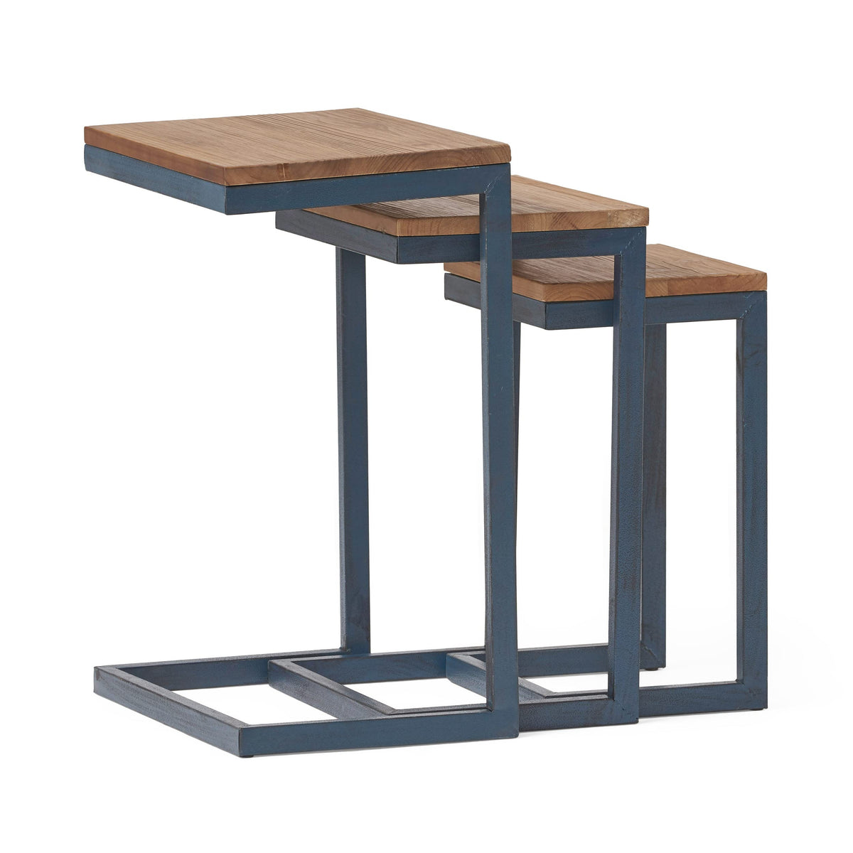 Fir Wood and Iron Nesting Side Tables Set of 3
