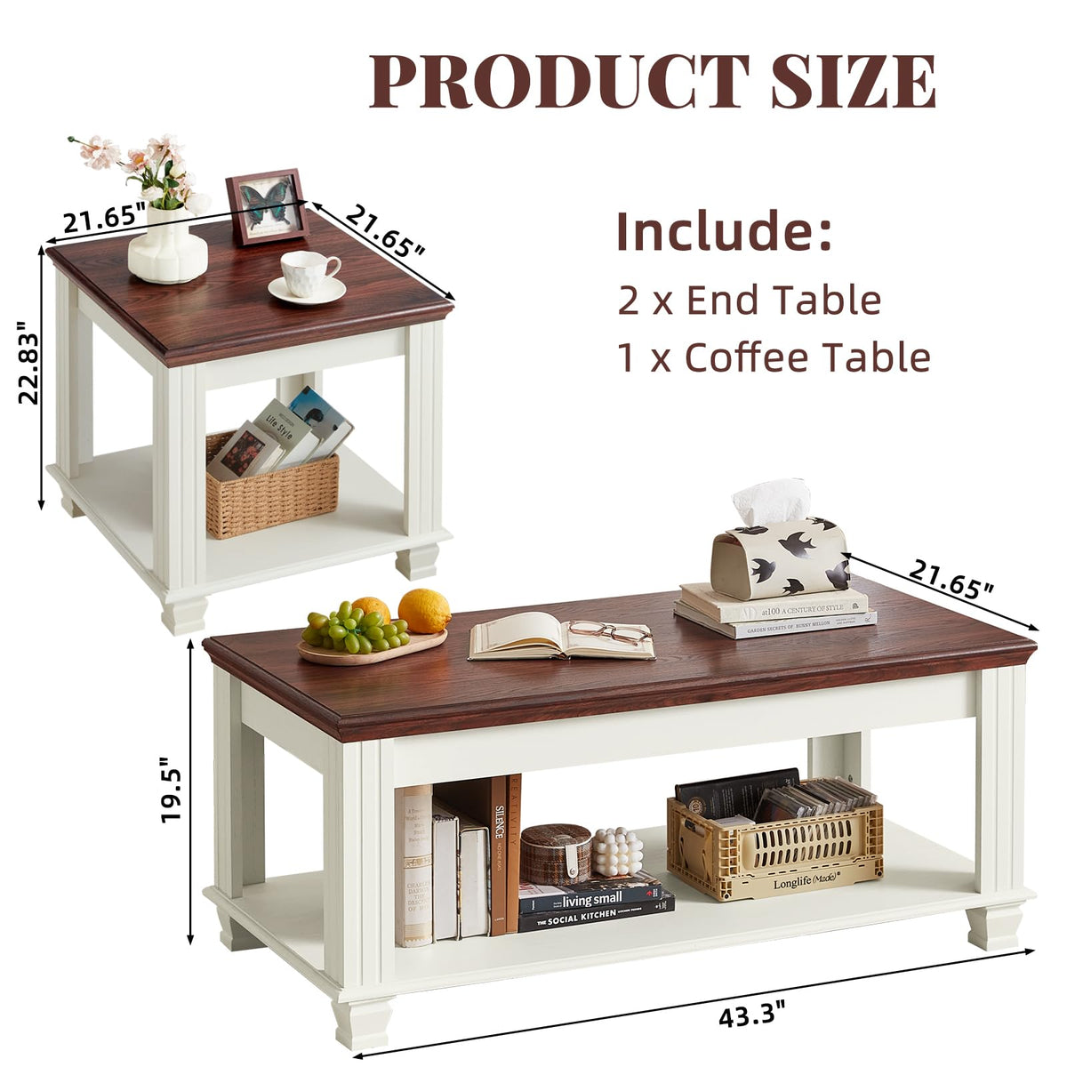 Farmhouse Coffee Table Set 3 Piece with End Tables