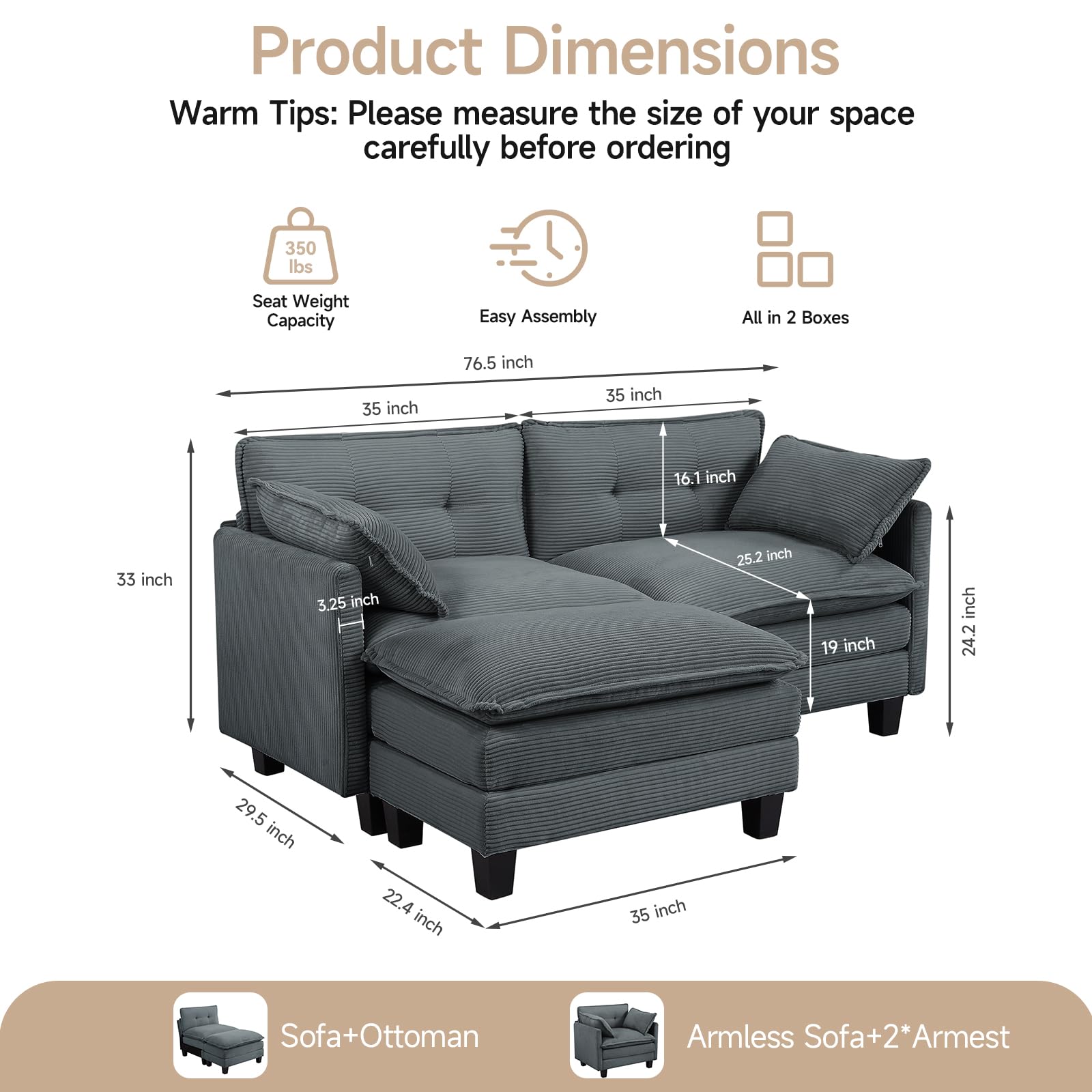 76.5" L-Shaped Modular Sectional Sofa with Ottoman - Grey Corduroy