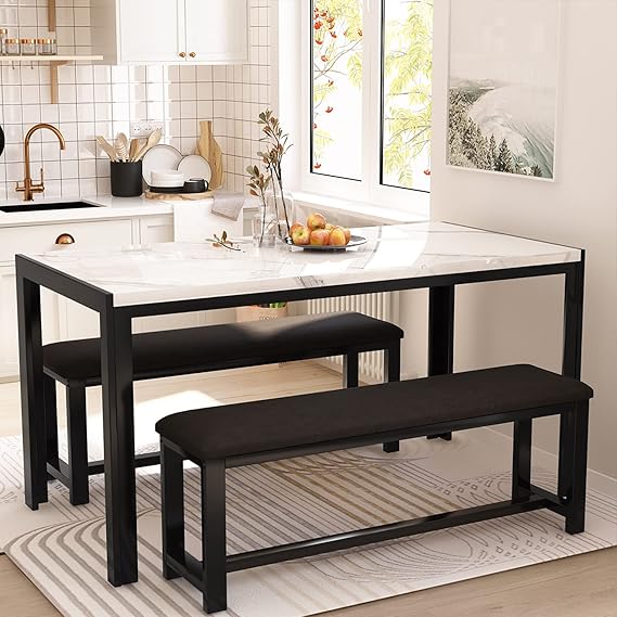 Dining Table Set with 2 Benches Black