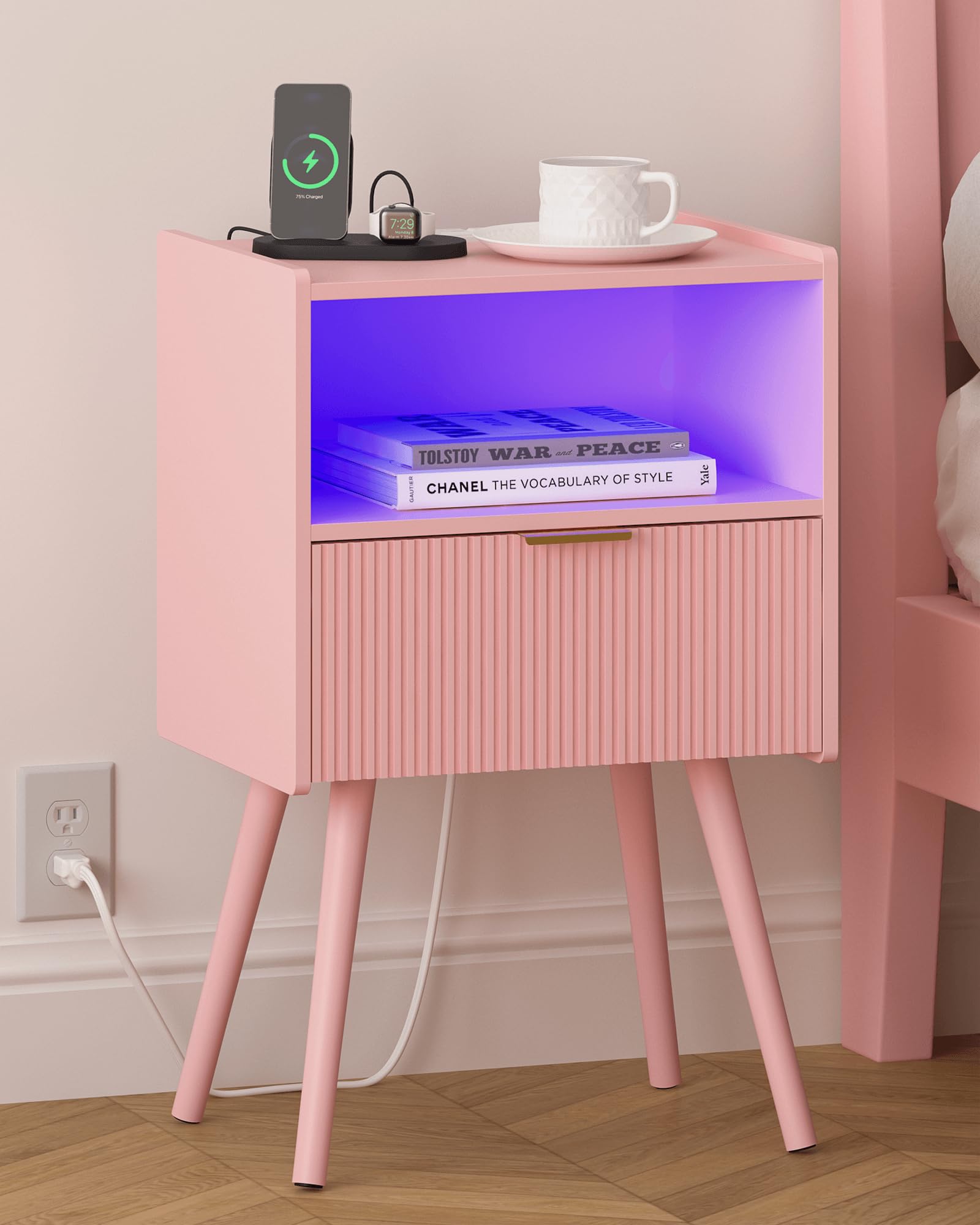 Pink Nightstand with Charging Station and LED Lights