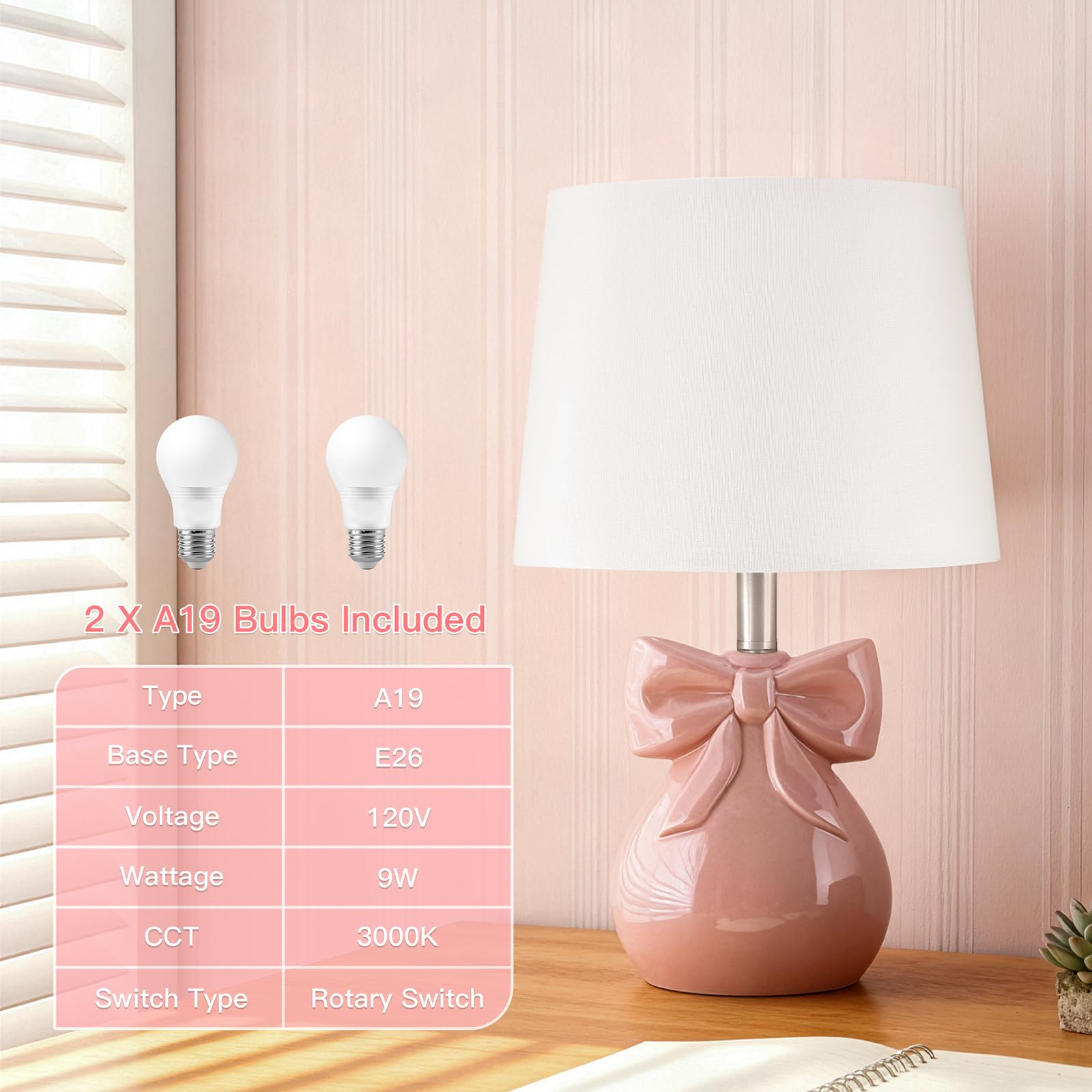Pink Bow Ceramic Table Lamps Set of 2 - 19" Bedside Lamps with Bulbs