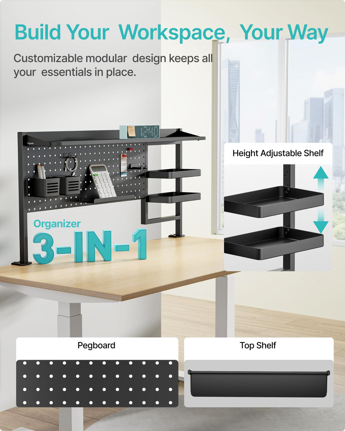 44" Clamp-On Desk Shelf with Pegboard and 2-Tier Organizer
