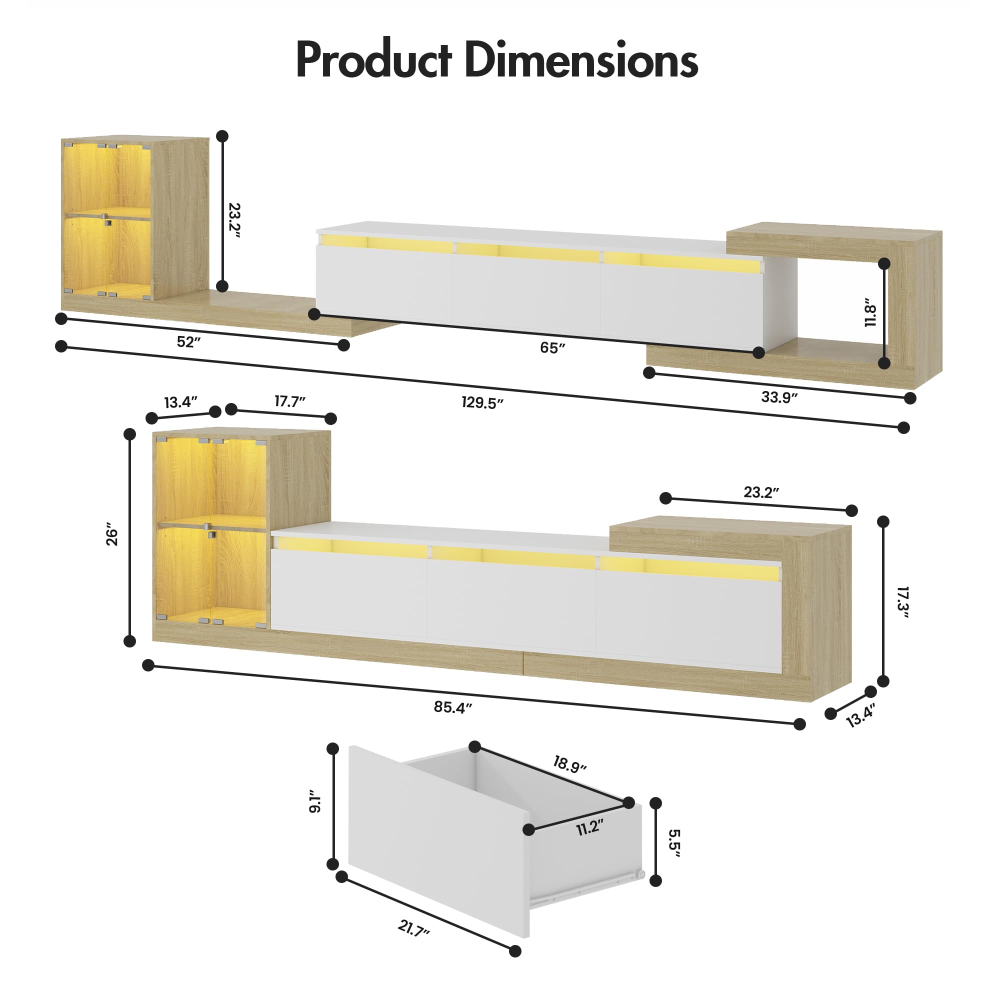 Extendable TV Stand with Glass Cabinet and LED Lighting