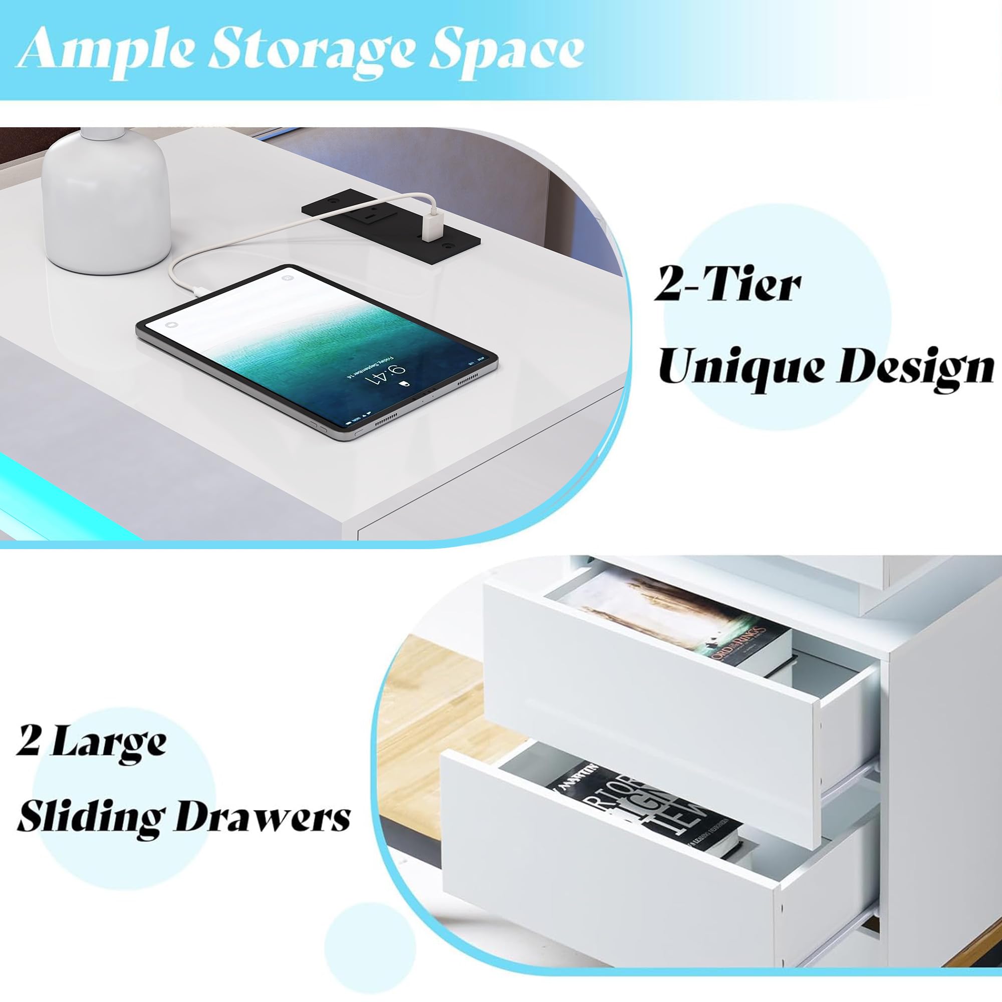 High Gloss LED Coffee Table Set with 2 End Tables and Charging Station