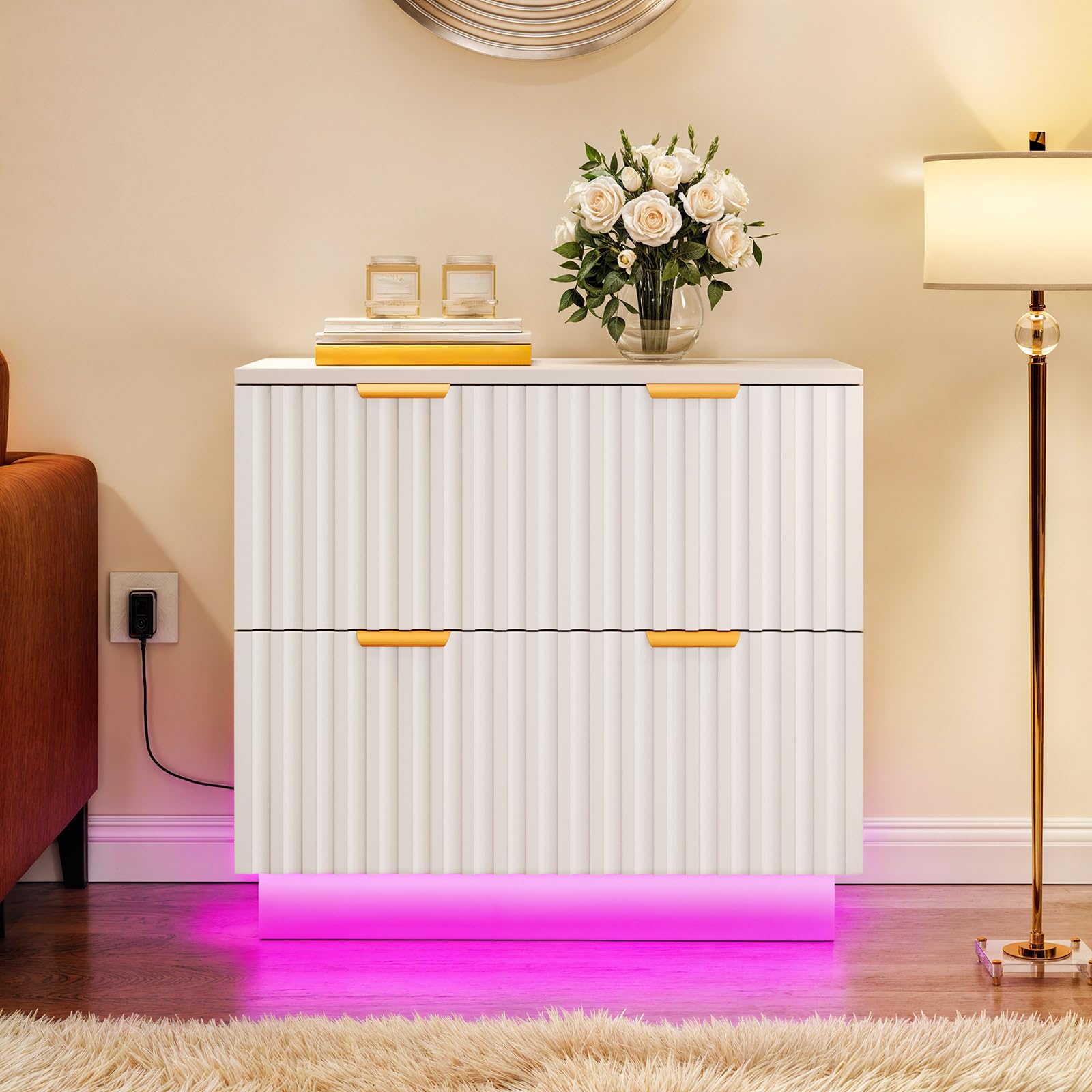 YITAHOME 2 Drawer File Cabinet with Led Light, Modern Filing Cabinet, Large Lateral File Cabinet for Home Office, White