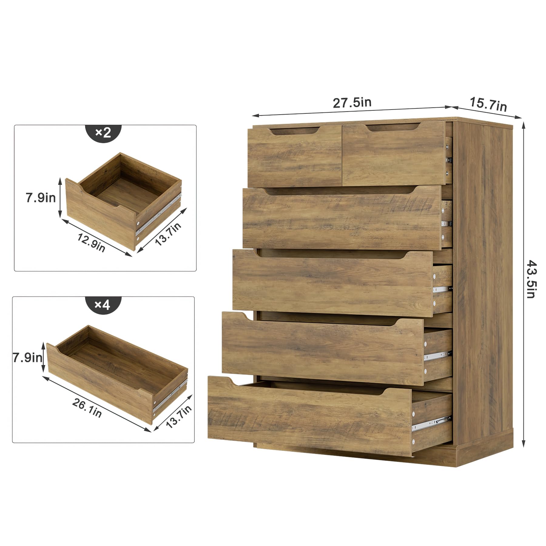 Modern 6 Drawer Dresser Tall Chest with Storage
