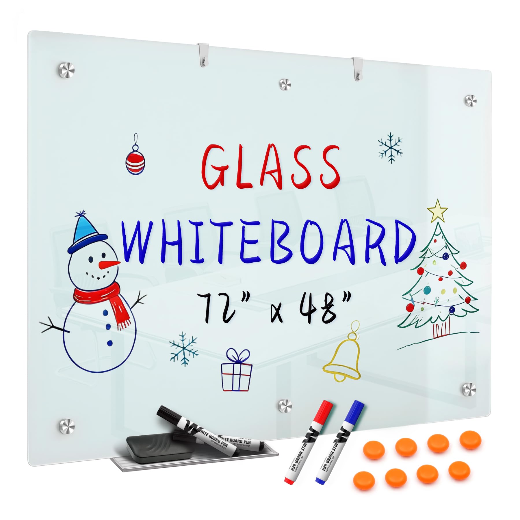 Magnetic Glass Dry Erase Whiteboard 72 x 48 Inches Wall Mounted