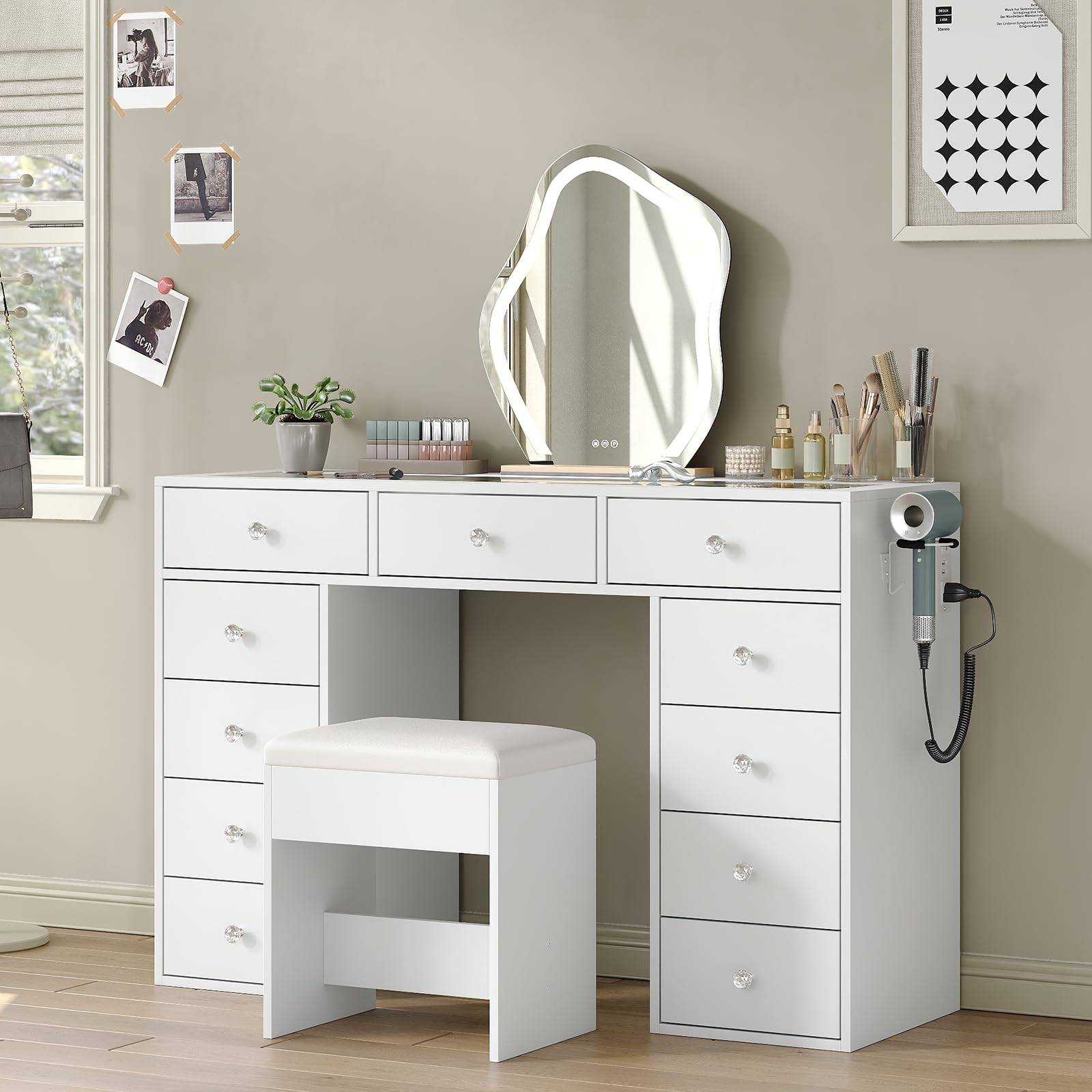 47" Glass Top Vanity Desk with 11 Drawers and Charging Station