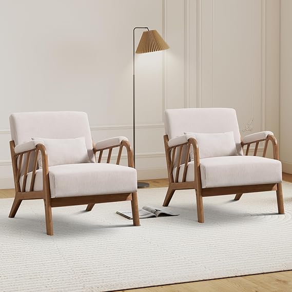 IOMOR Mid Century Modern Accent Chair with Solid Wood Frame, Upholstered Living Room Chairs with Lumbar Cushion Padded Arms, Reading Armchair for Bedroom (1, Olive Green)