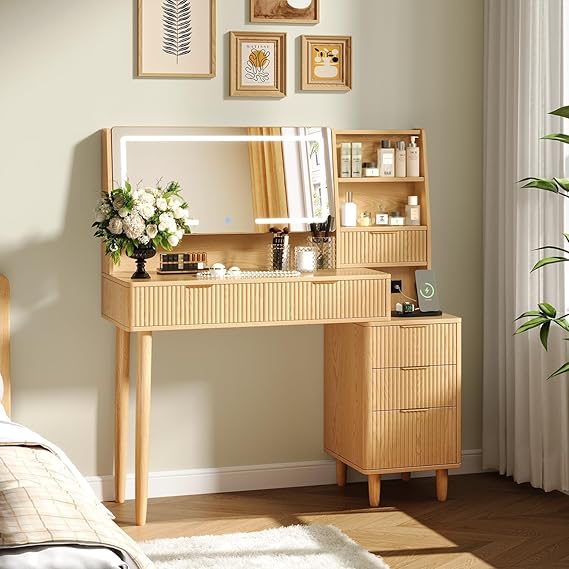 Wood Vanity Desk with Mirror and Lights