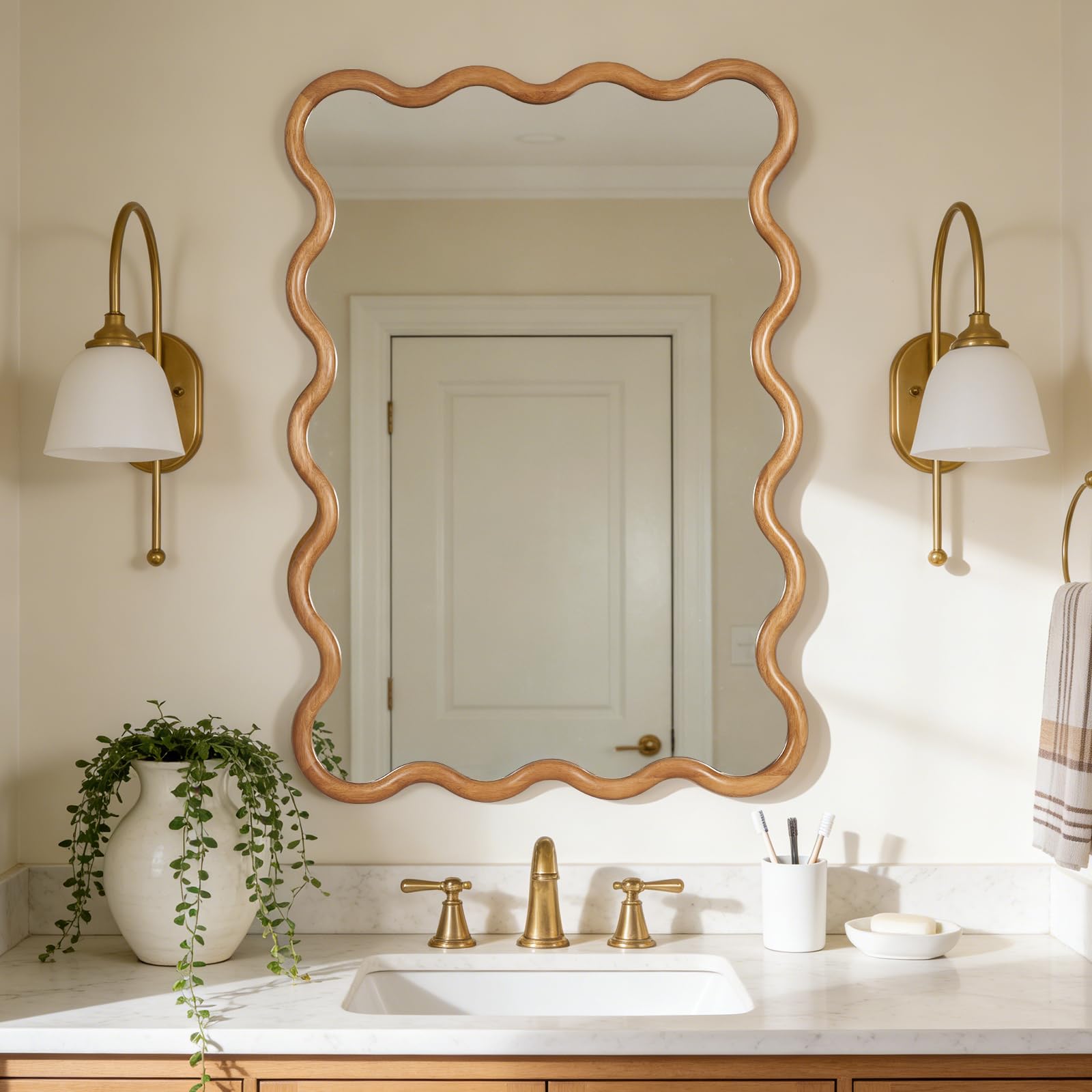 Wavy Wood Mirror 40x28 Inch Natural Finish