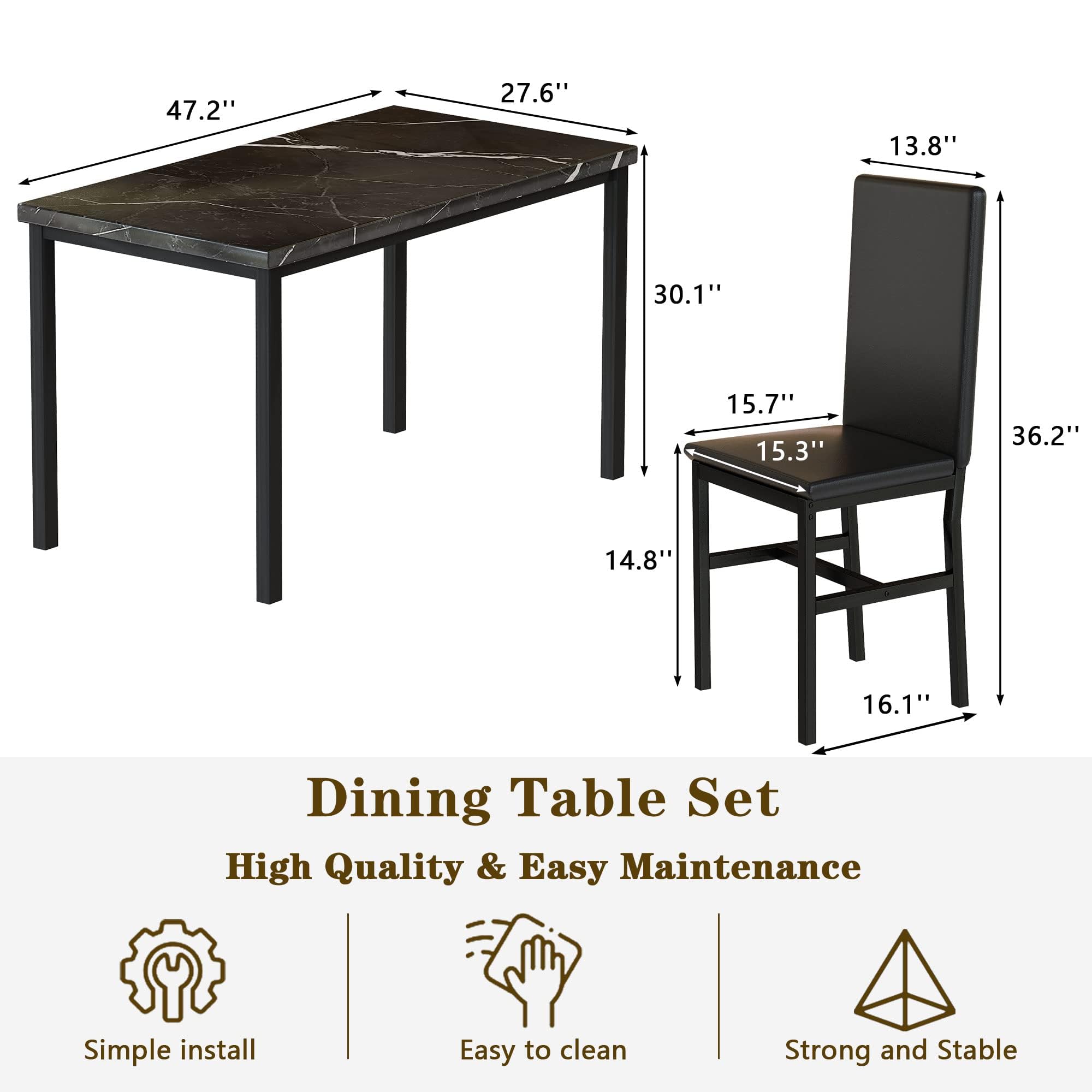 5-Piece Faux Marble Dining Table Set with 4 Chairs