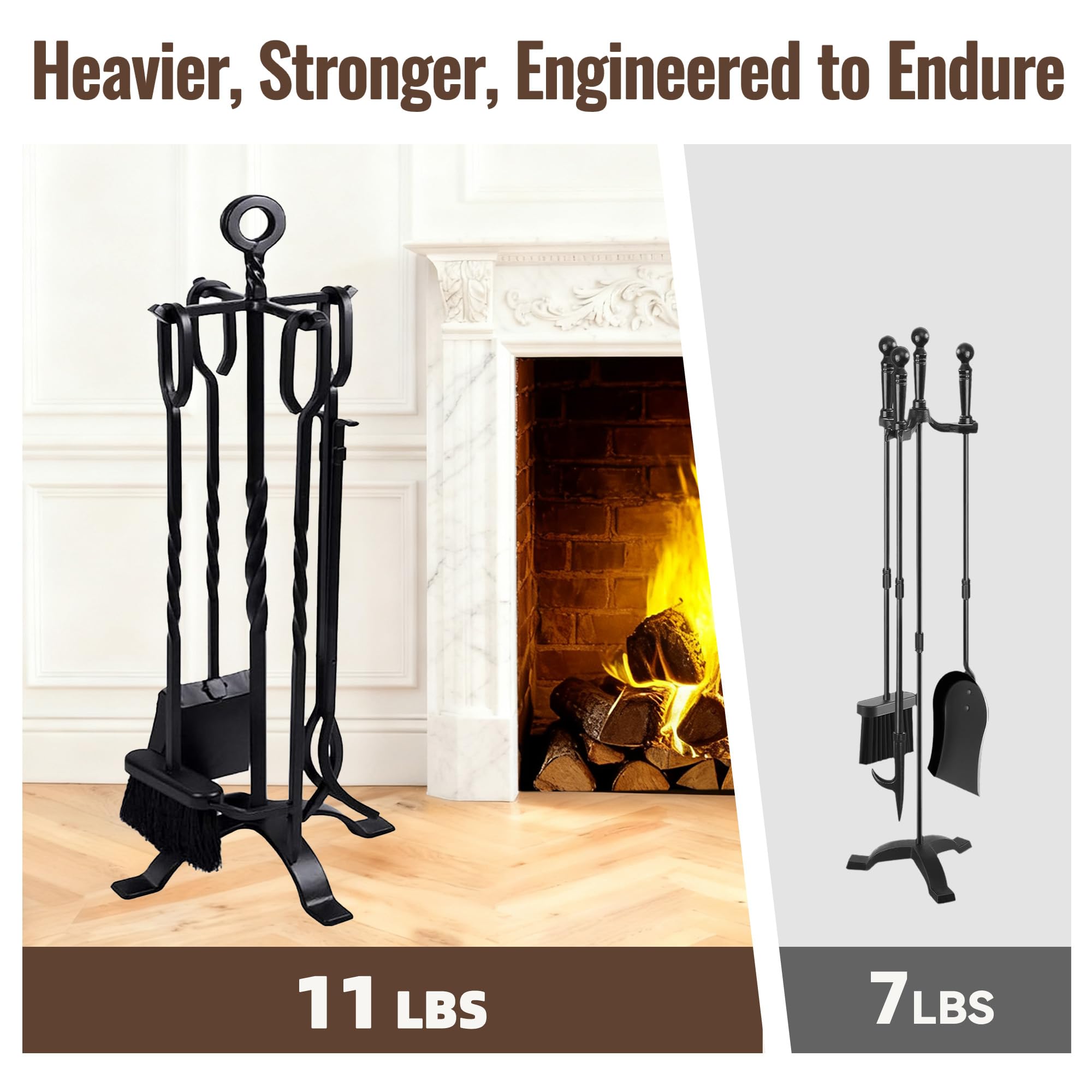 5-Piece Fireplace Tool Set with Handles - Wrought Iron