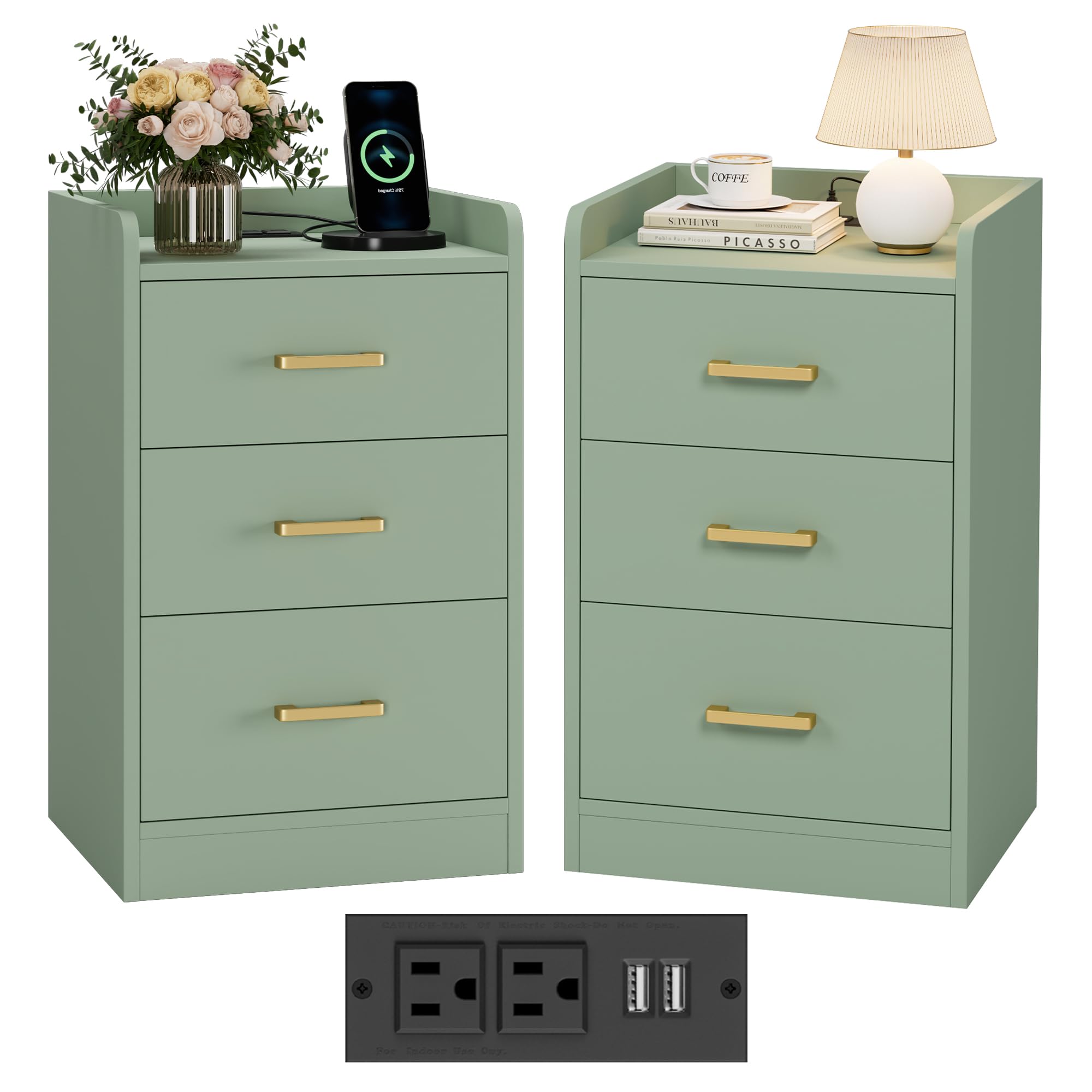 Nightstands Set of 2 with Charging Station and 3 Drawers