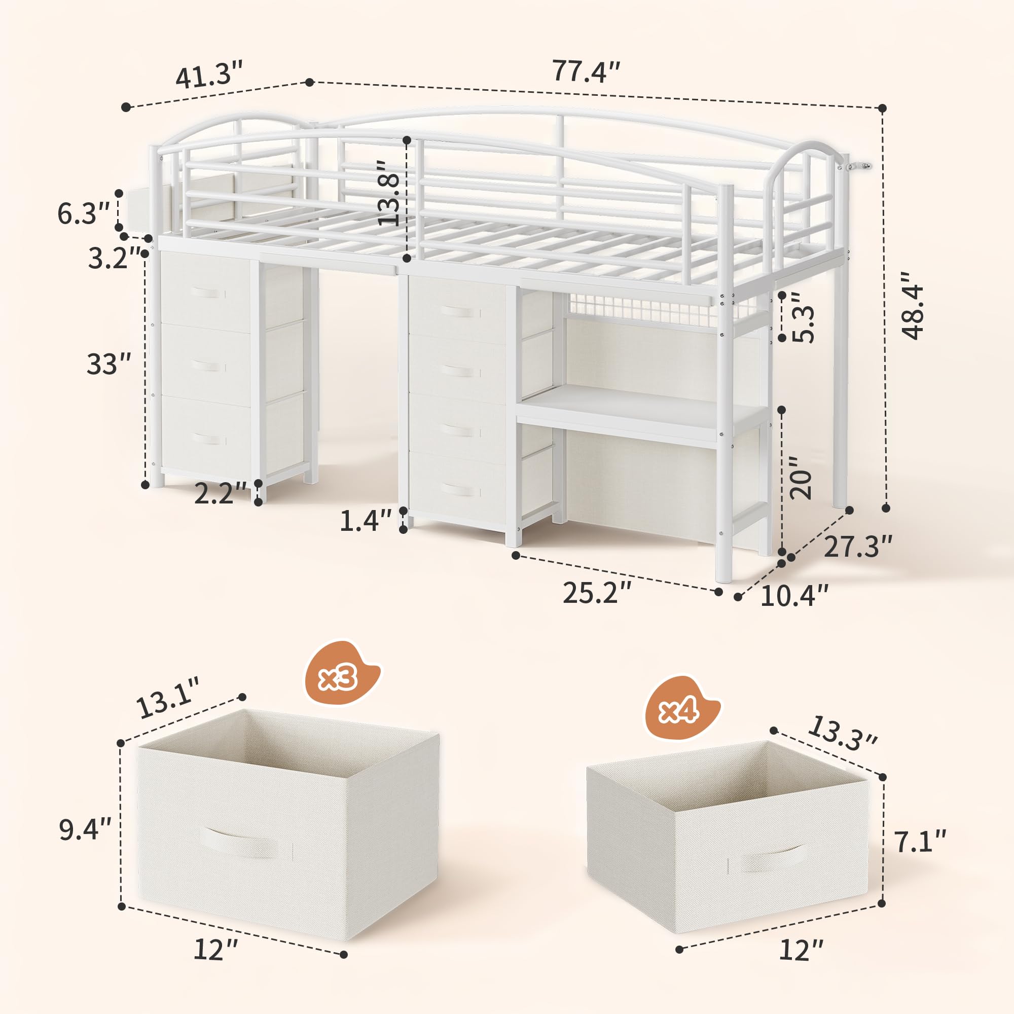 Twin Loft Bed with 7 Storage Drawers Desk and LED Lights