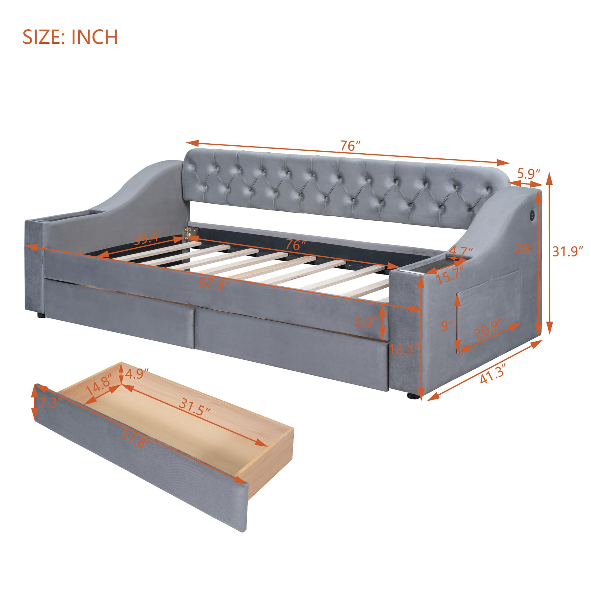 Twin Size Velvet Upholstered Daybed with Storage Drawers