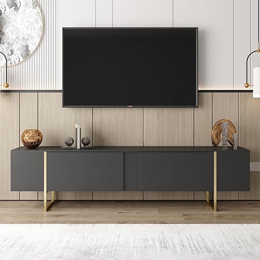 71" TV Stand with Gold Legs and Storage Doors