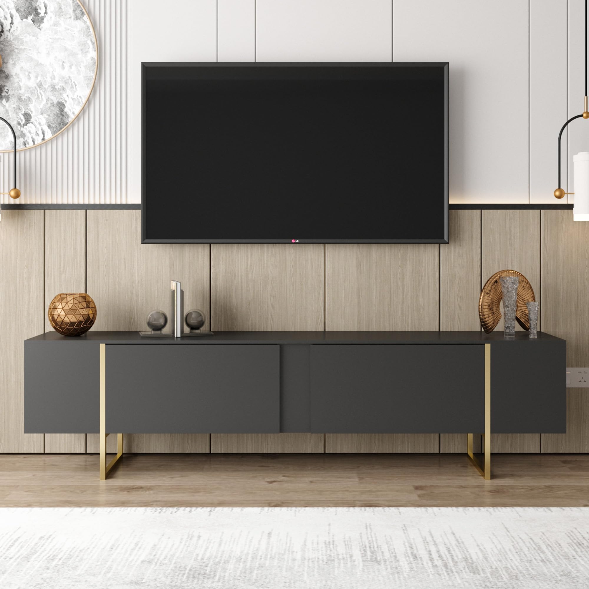 71" TV Stand with Gold Legs and Storage Doors