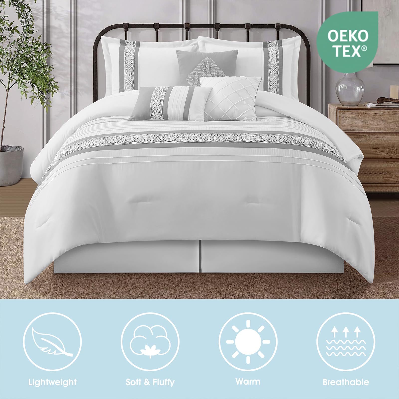 7 Piece Boho Comforter Set Queen Grey White Geometric Embroidery