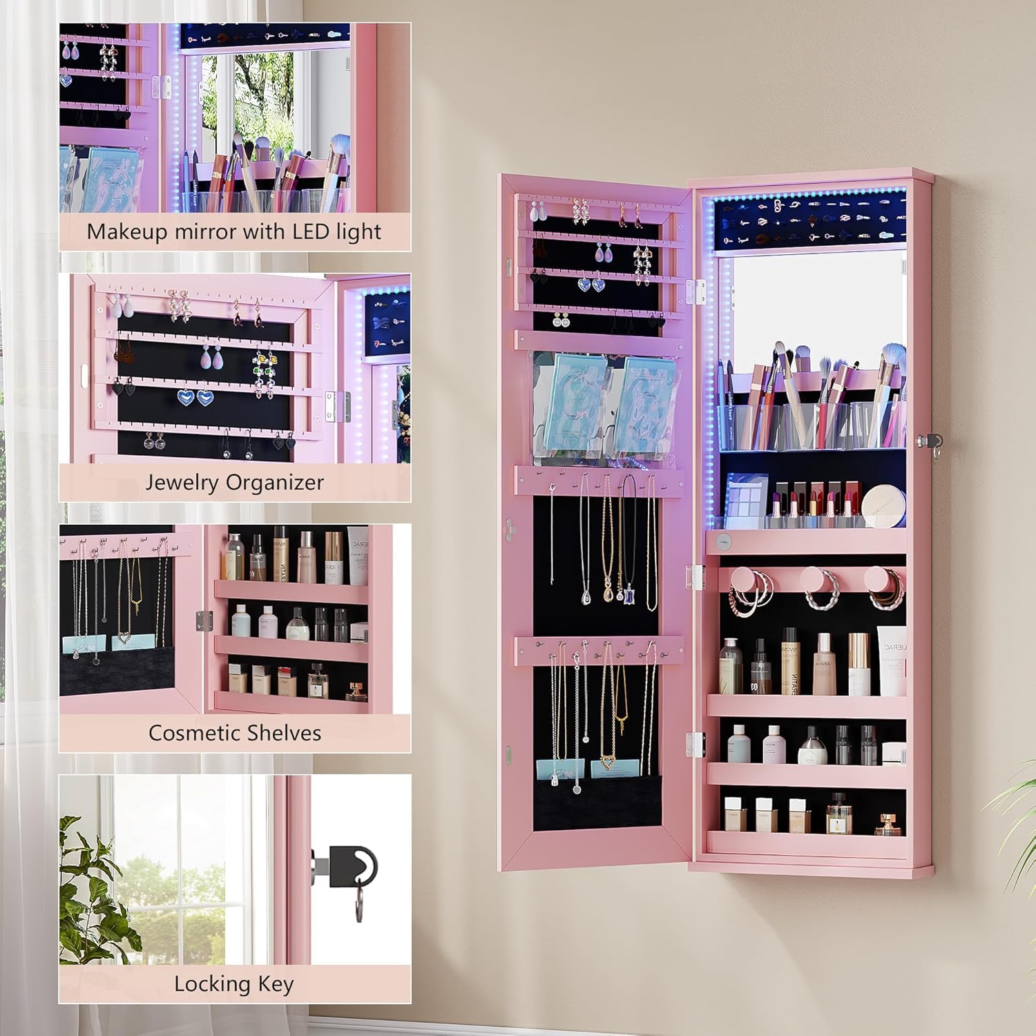 360° Swivel Jewelry Cabinet with RGB Lights and Full Length Mirror