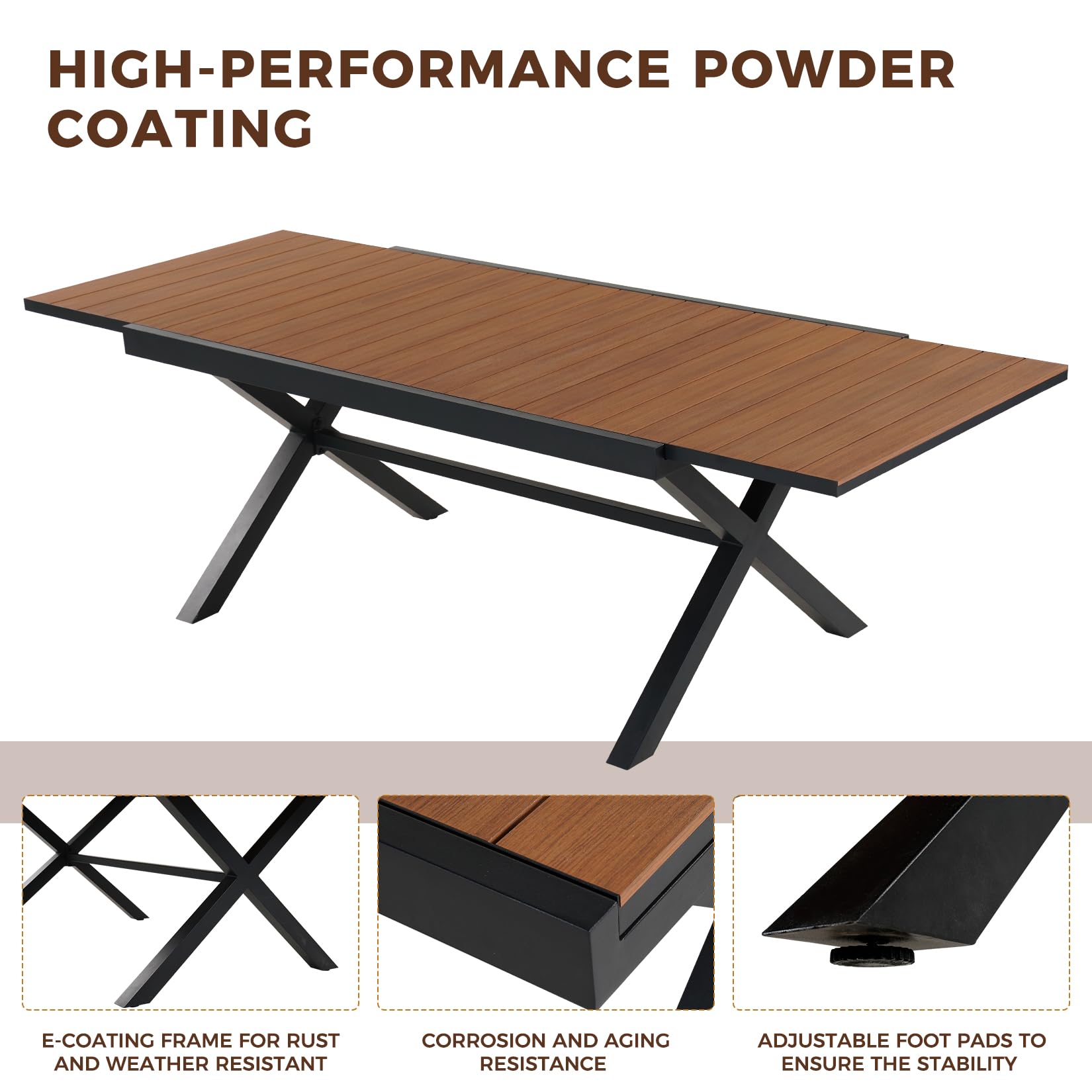 Grand patio Expandable Patio Dining Table, Extra Large 94.5" L x 37" W Outdoor Dining Table for 6-10 Person Wood Grain Rectangular Patio Table with E-Coating for Garden Porch Deck, Black