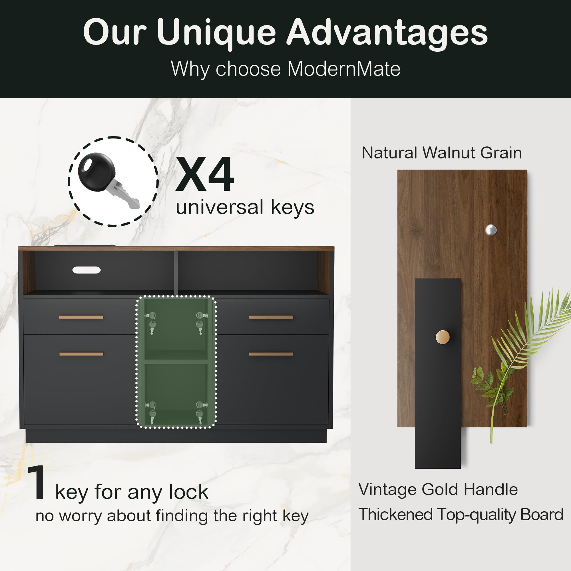 4 Drawer Lateral File Cabinet with Lock & Power Strip