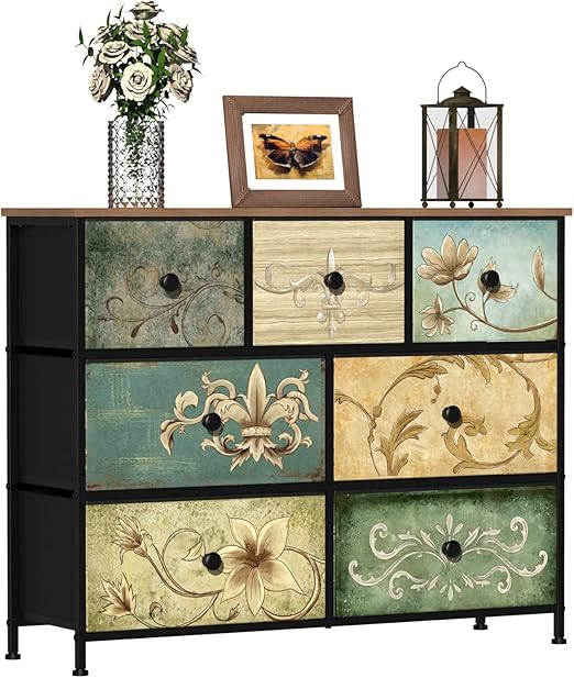 9-Drawer Fabric Dresser with Retro Floral Pattern