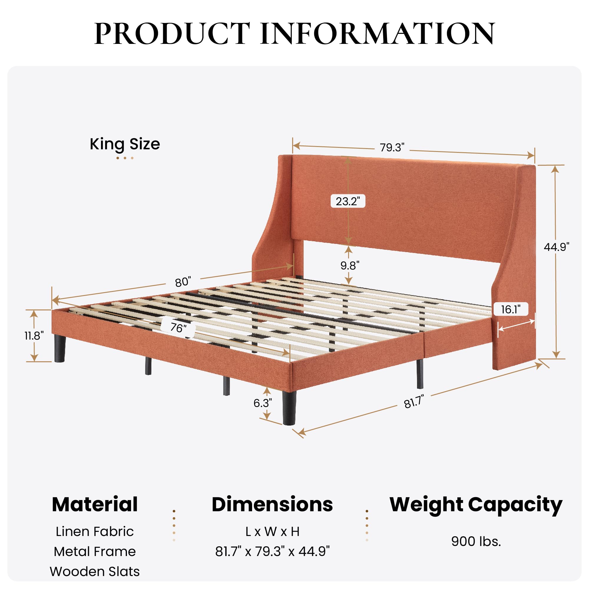Upholstered King Bed Frame with Wingback Headboard