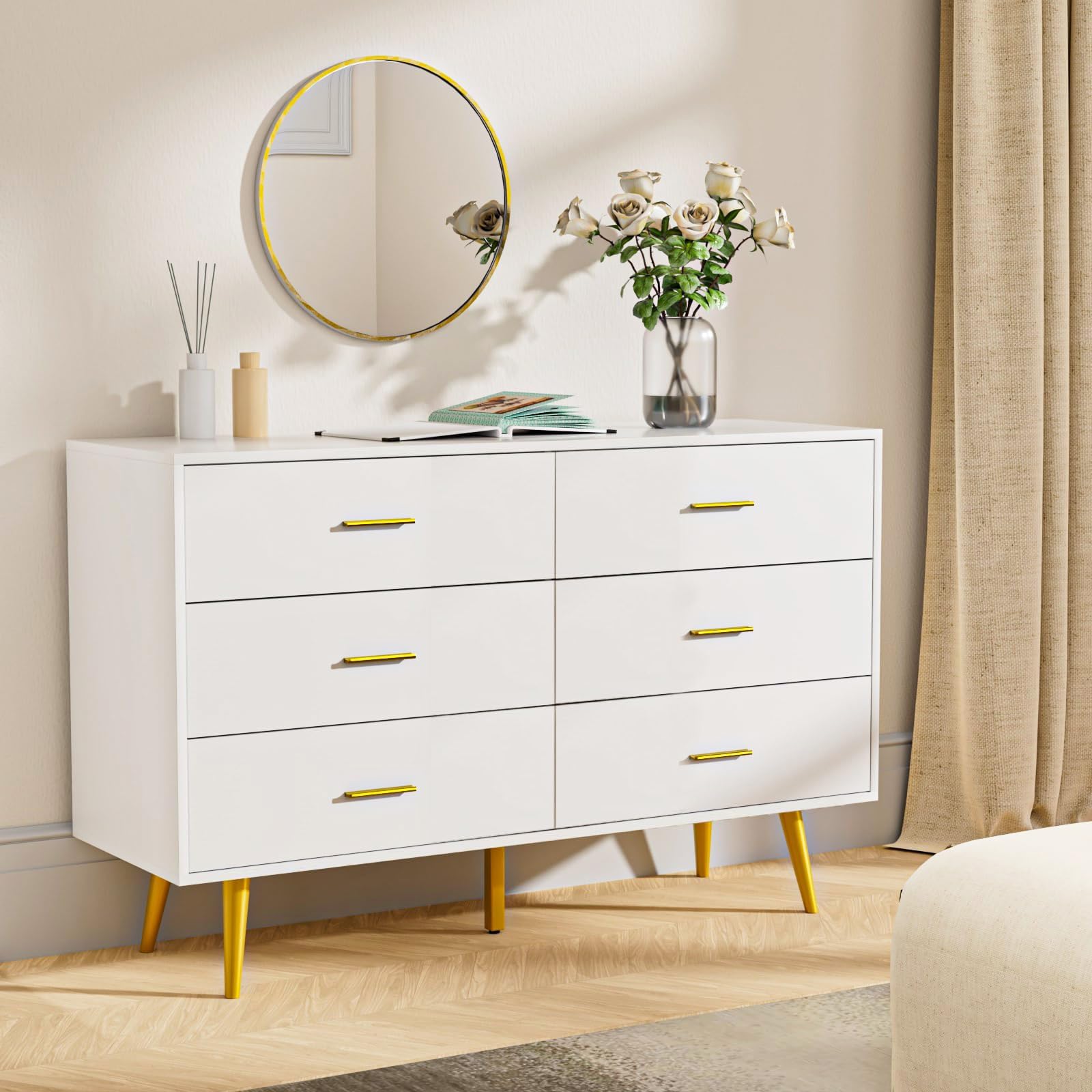 6 Drawer White Dresser with Gold Handles